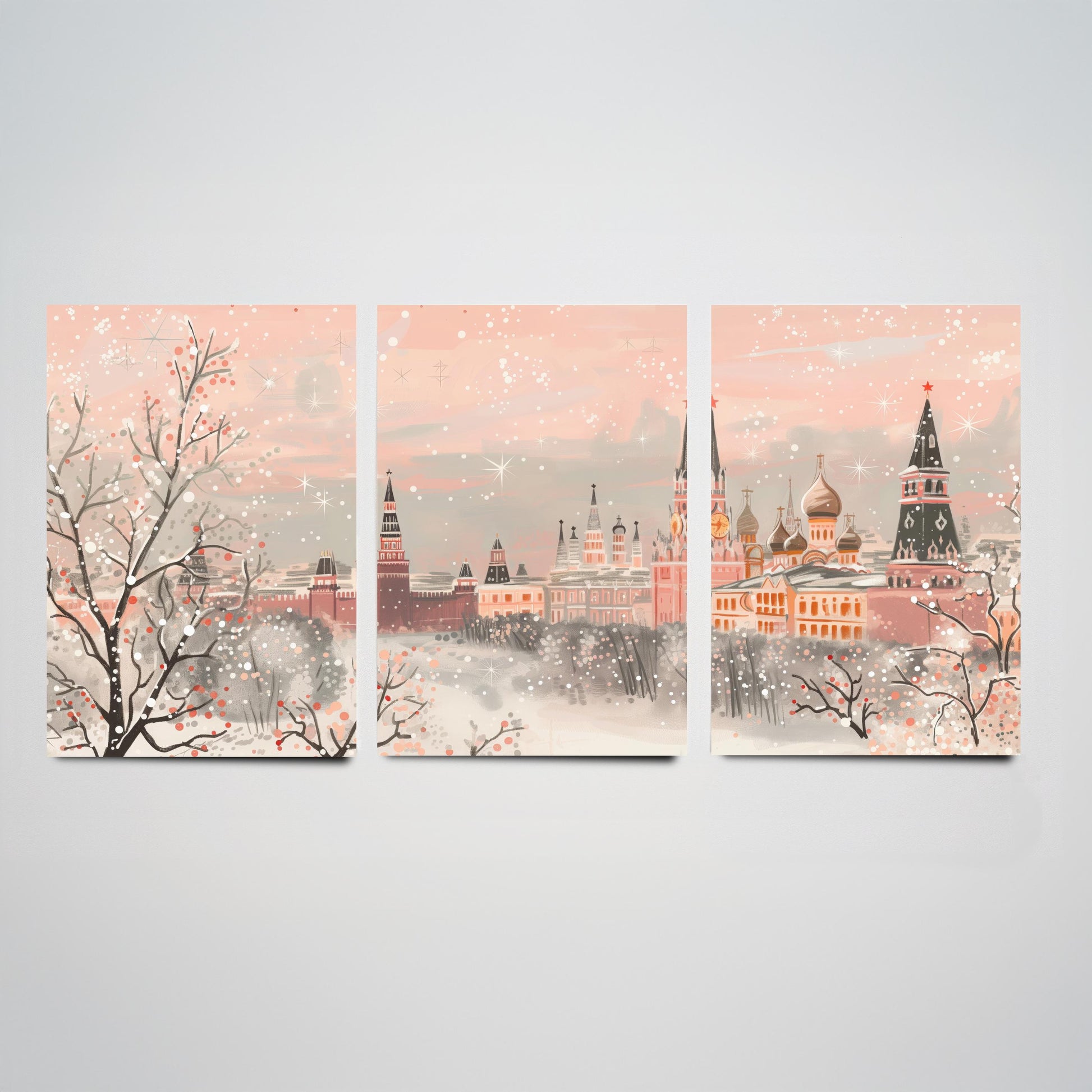 Moscow Russia Skyline Set of Three Art Prints - 3 Pink Kremlin St Basils Posters - Illustration Travel Cityscape Winter Decor