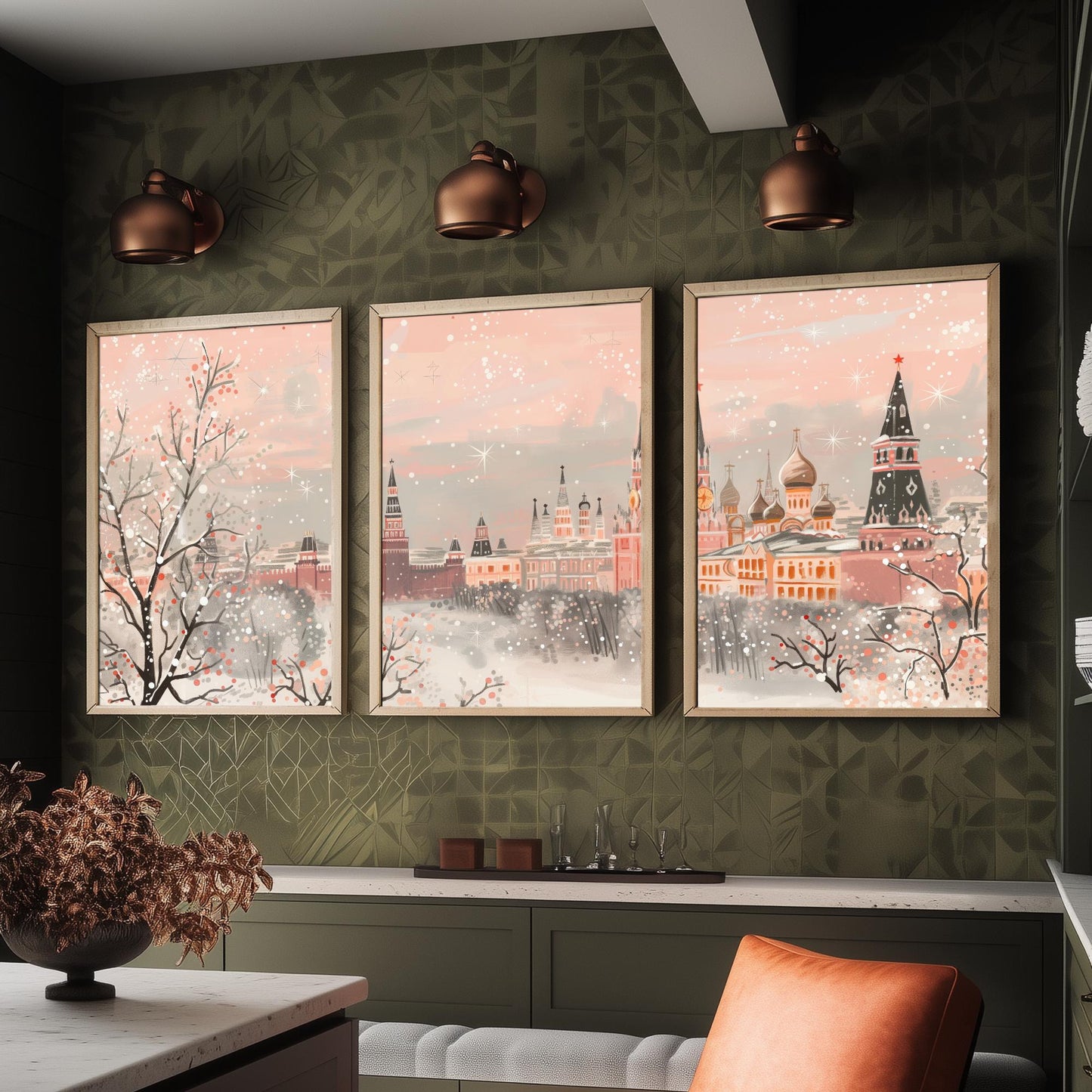 Moscow Russia Skyline Set of Three Art Prints - 3 Pink Kremlin St Basils Posters - Illustration Travel Cityscape Winter Decor