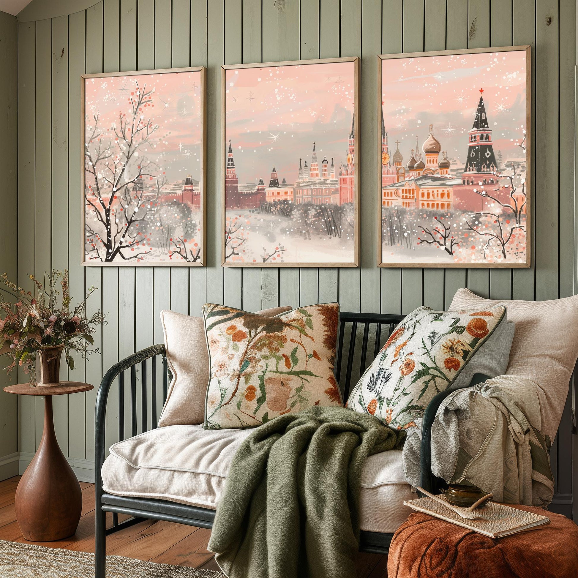 Moscow Russia Skyline Set of Three Art Prints - 3 Pink Kremlin St Basils Posters - Illustration Travel Cityscape Winter Decor