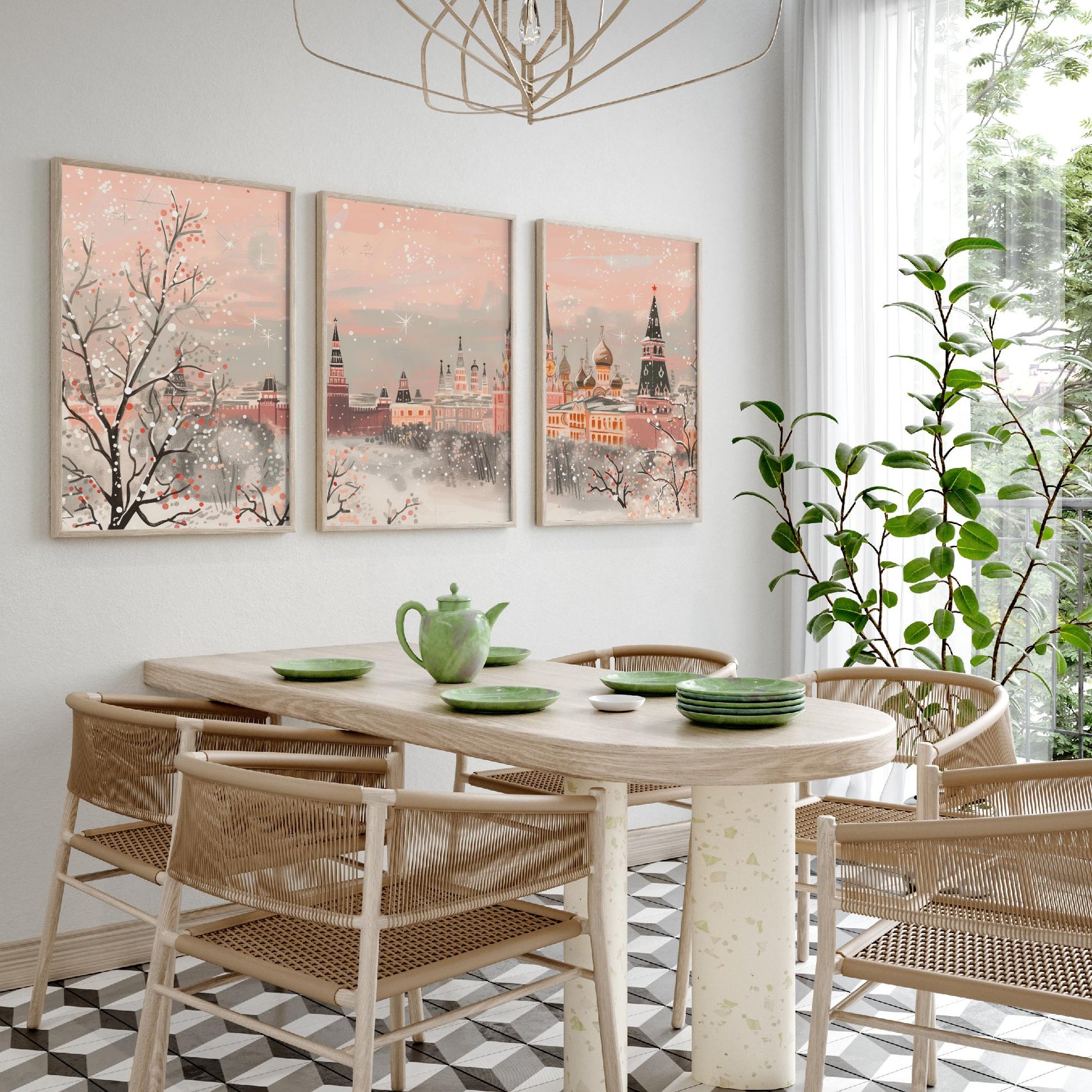 Moscow Russia Skyline Set of Three Art Prints - 3 Pink Kremlin St Basils Posters - Illustration Travel Cityscape Winter Decor