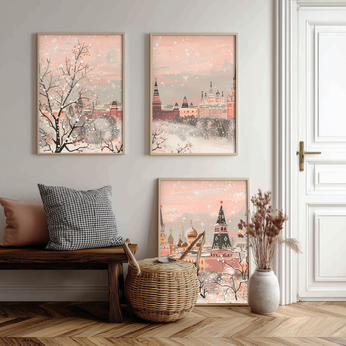 Moscow Russia Skyline Set of Three Art Prints - 3 Pink Kremlin St Basils Posters - Illustration Travel Cityscape Winter Decor