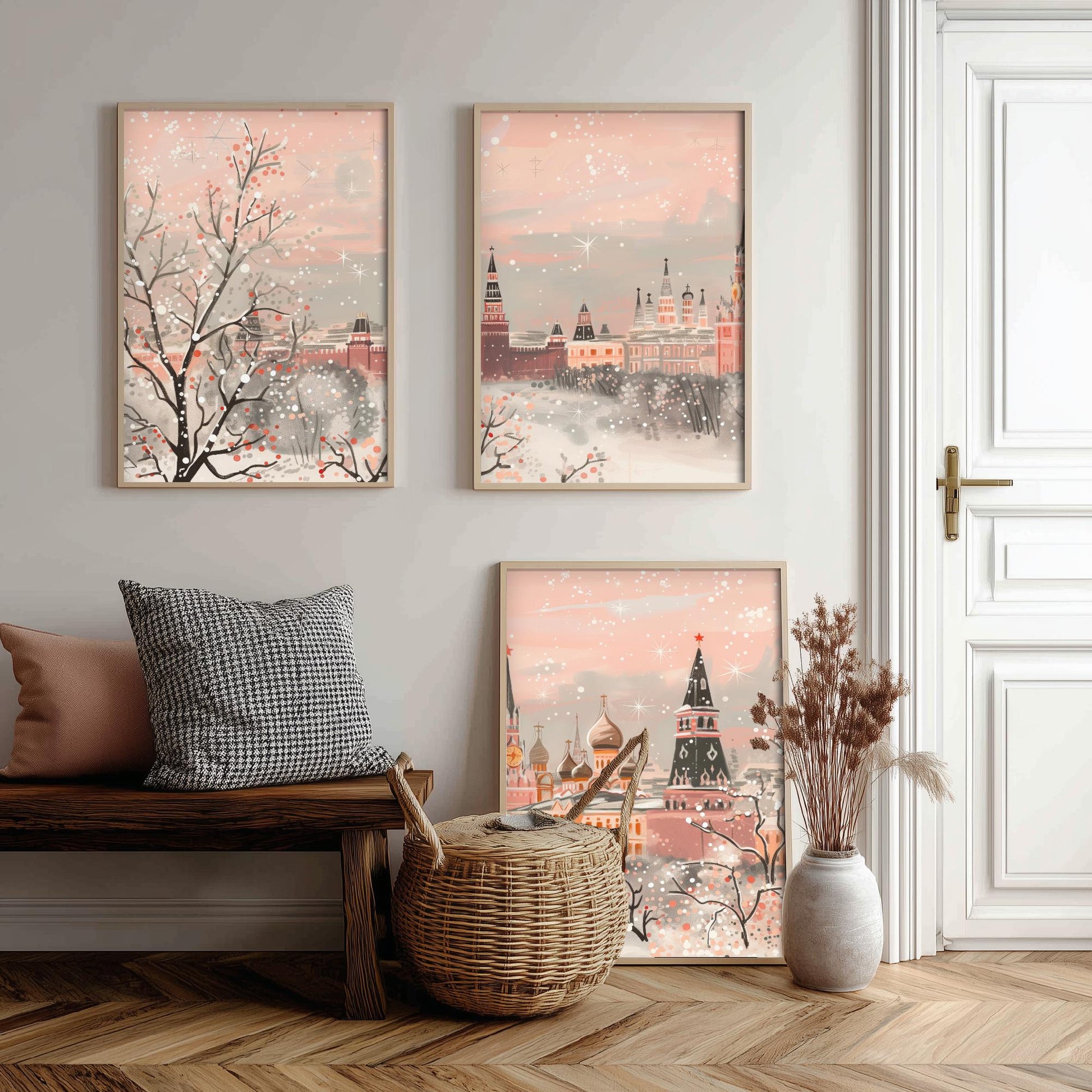 Moscow Russia Skyline Set of Three Art Prints - 3 Pink Kremlin St Basils Posters - Illustration Travel Cityscape Winter Decor