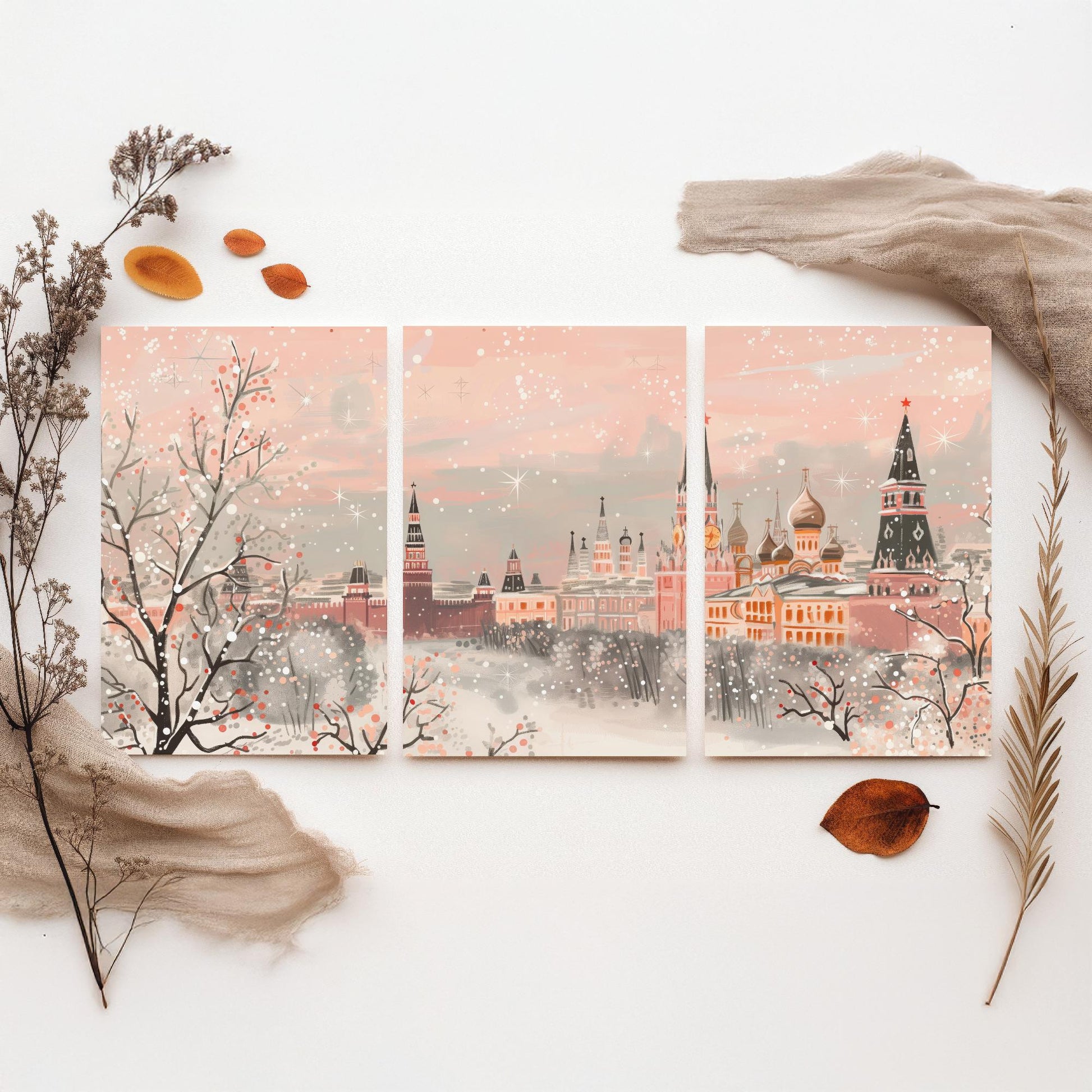 Moscow Russia Skyline Set of Three Art Prints - 3 Pink Kremlin St Basils Posters - Illustration Travel Cityscape Winter Decor