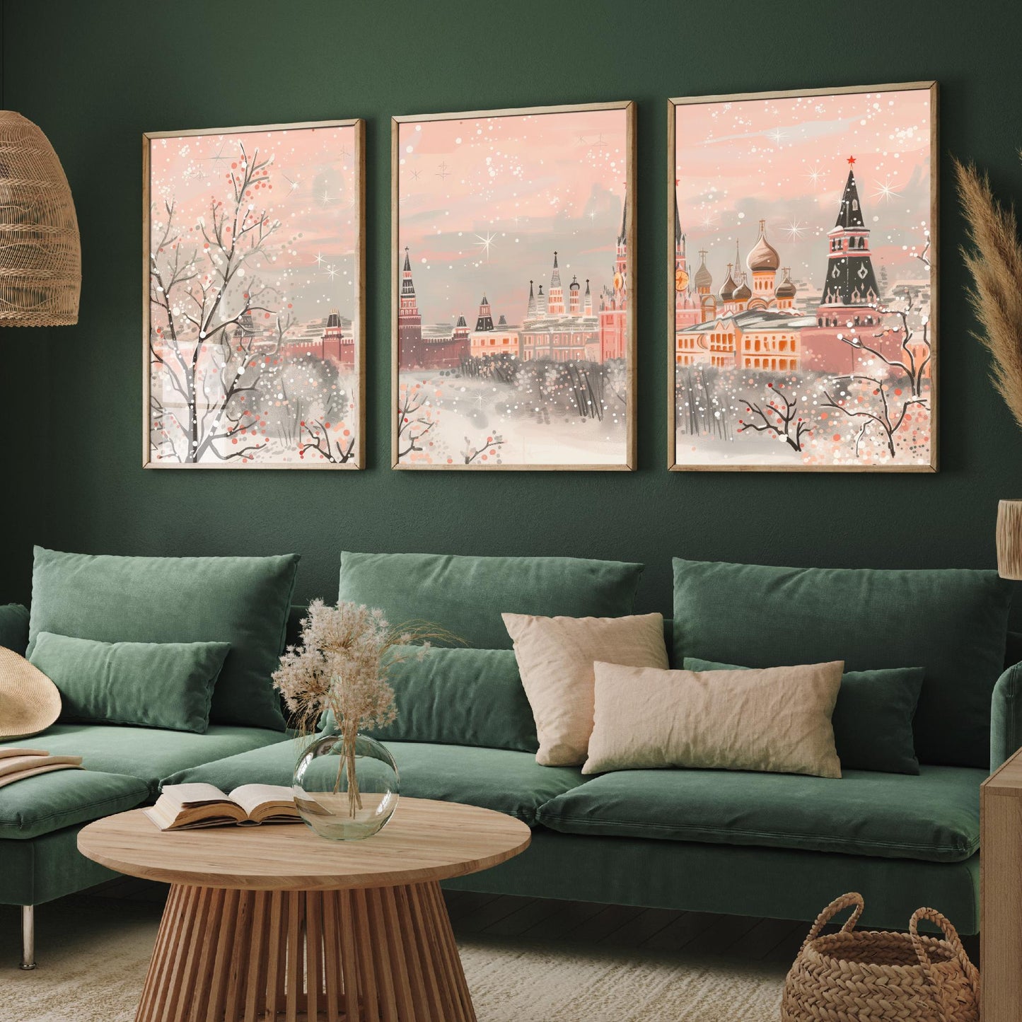 Moscow Russia Skyline Set of Three Art Prints - 3 Pink Kremlin St Basils Posters - Illustration Travel Cityscape Winter Decor