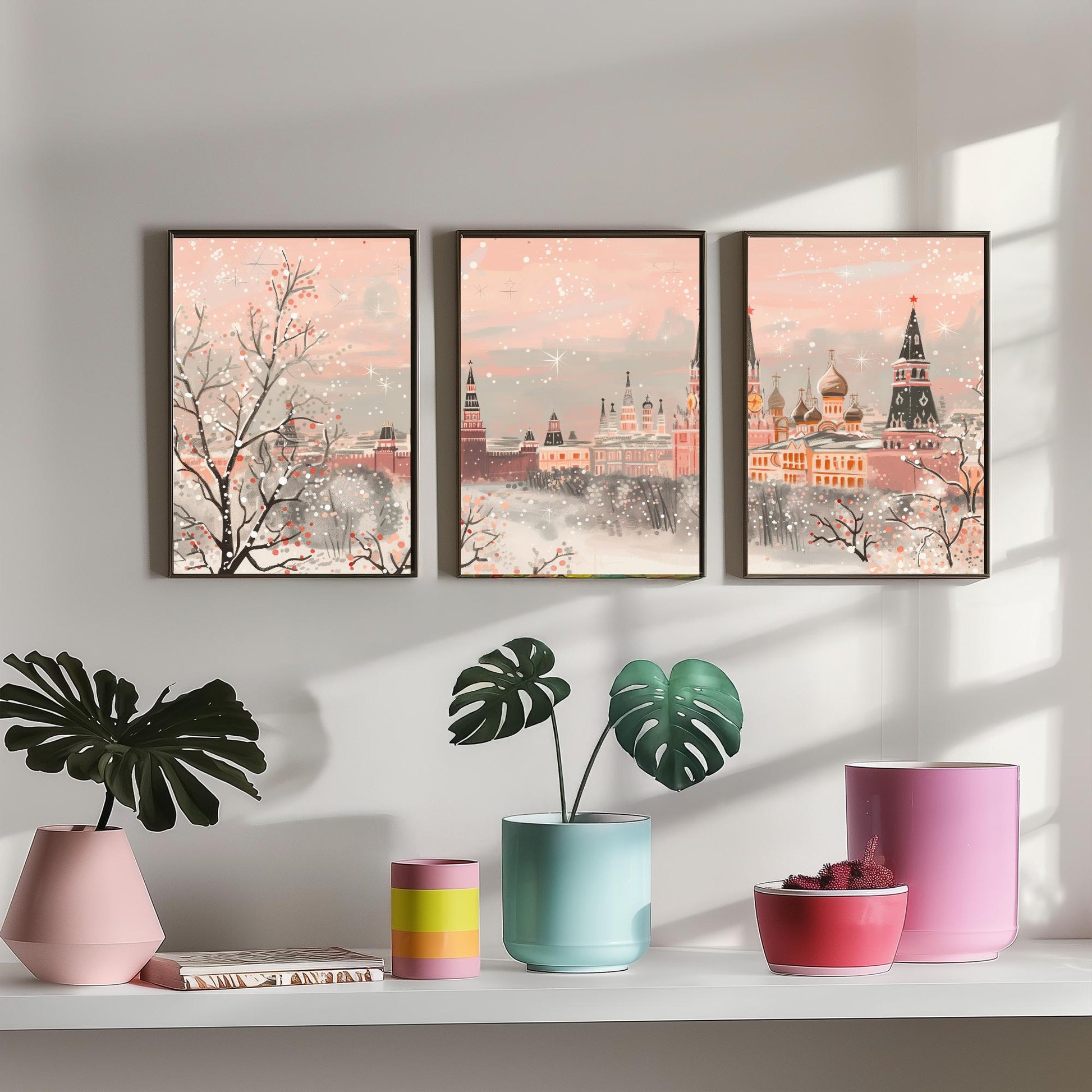 Moscow Russia Skyline Set of Three Art Prints - 3 Pink Kremlin St Basils Posters - Illustration Travel Cityscape Winter Decor