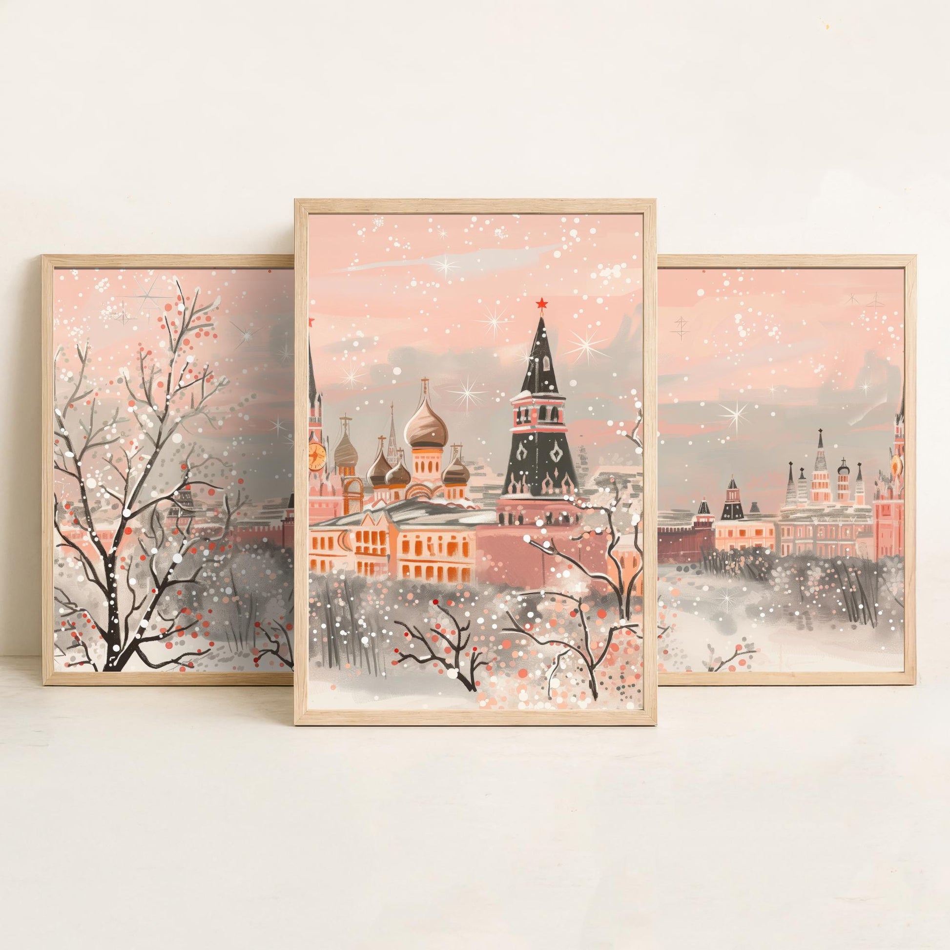 Moscow Russia Skyline Set of Three Art Prints - 3 Pink Kremlin St Basils Posters - Illustration Travel Cityscape Winter Decor