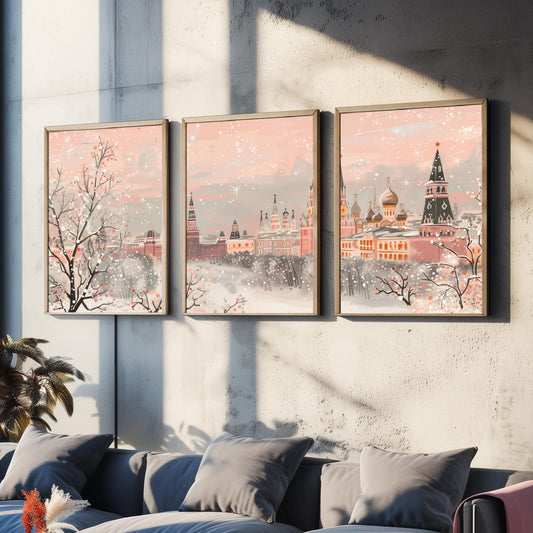 Moscow Russia Skyline Set of Three Art Prints - 3 Pink Kremlin St Basils Posters - Illustration Travel Cityscape Winter Decor