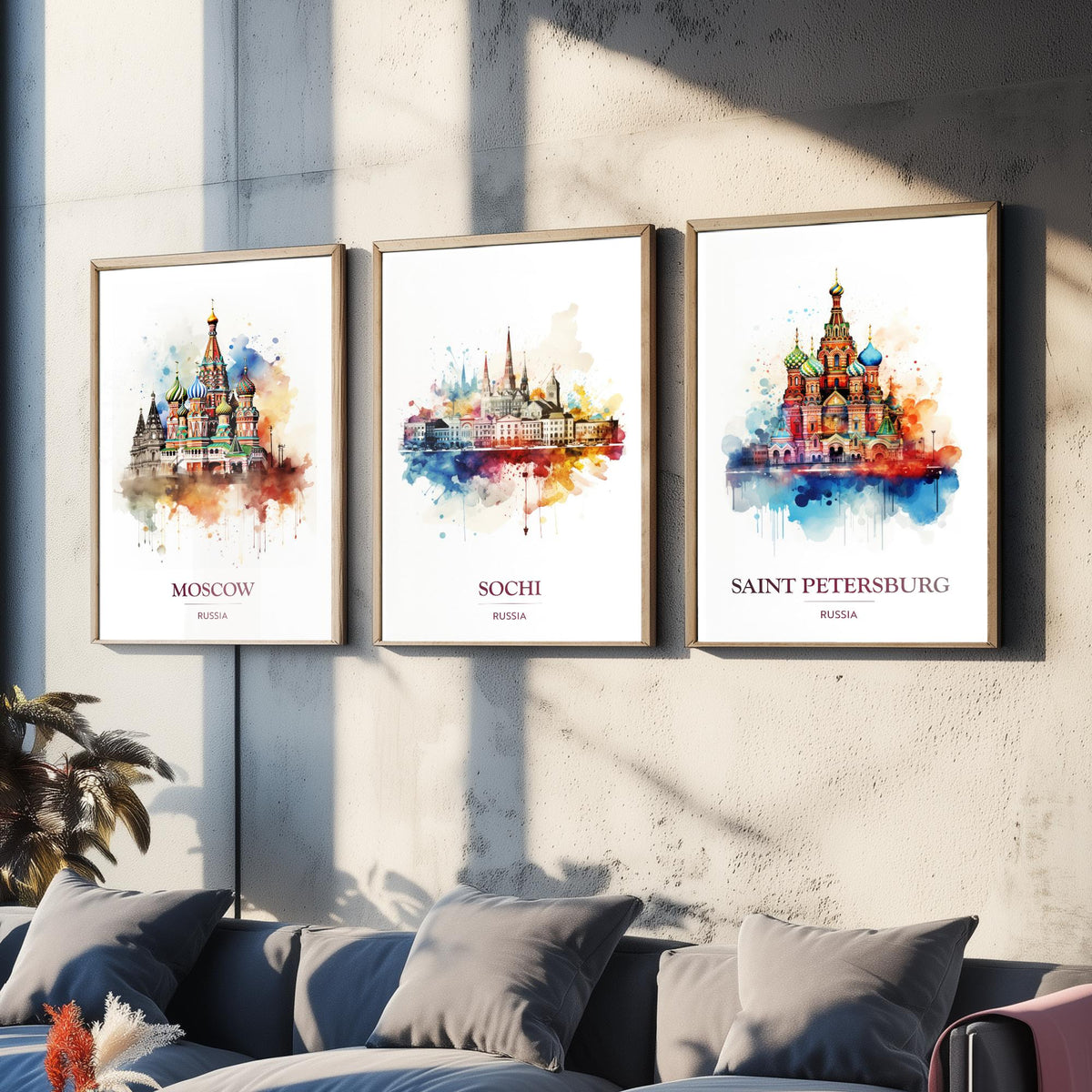 Russia Watercolour Travel Posters Set of Three Art Prints - Moscow, Sochi, Saint Petersburg - Splash Painting Poster