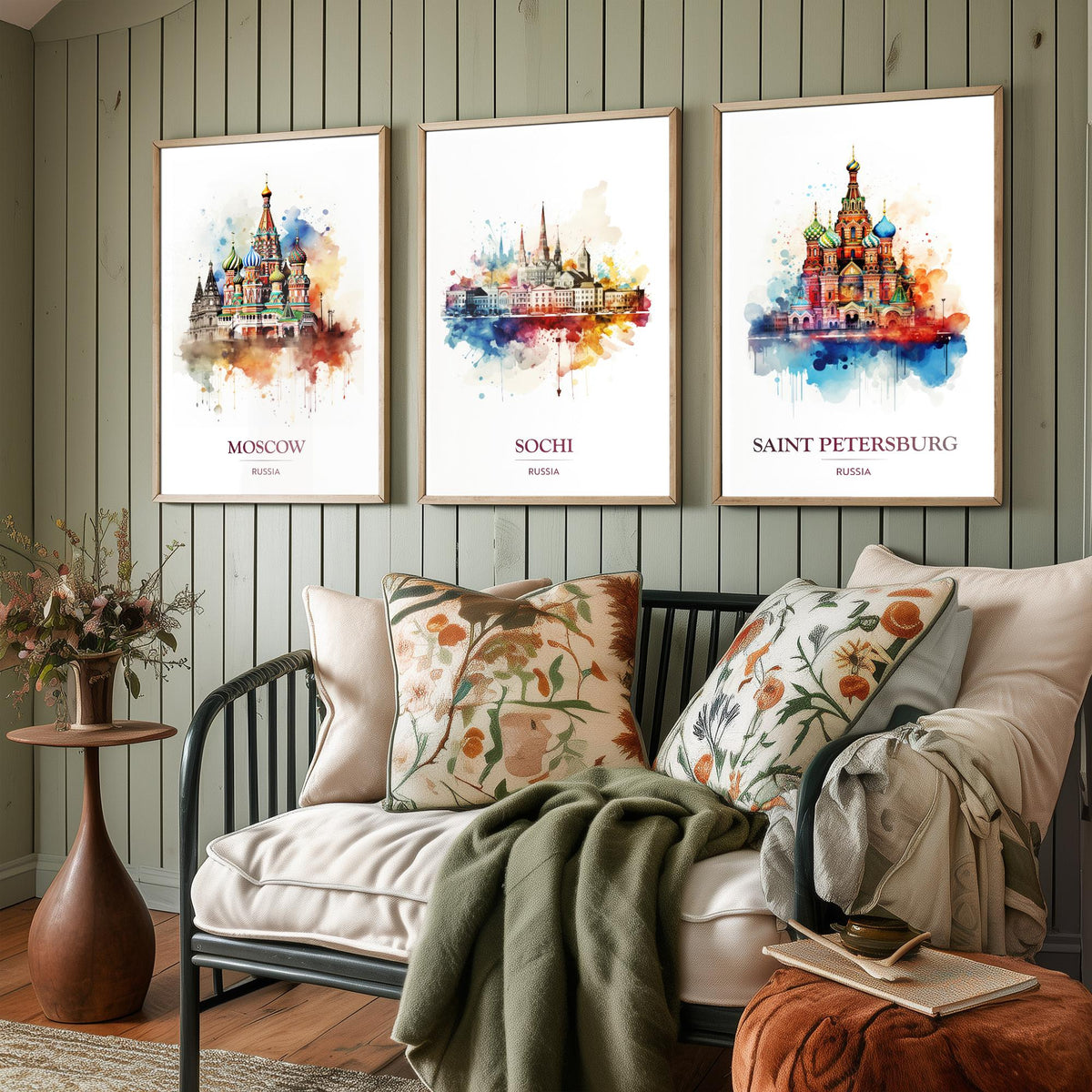 Russia Watercolour Travel Posters Set of Three Art Prints - Moscow, Sochi, Saint Petersburg - Splash Painting Poster