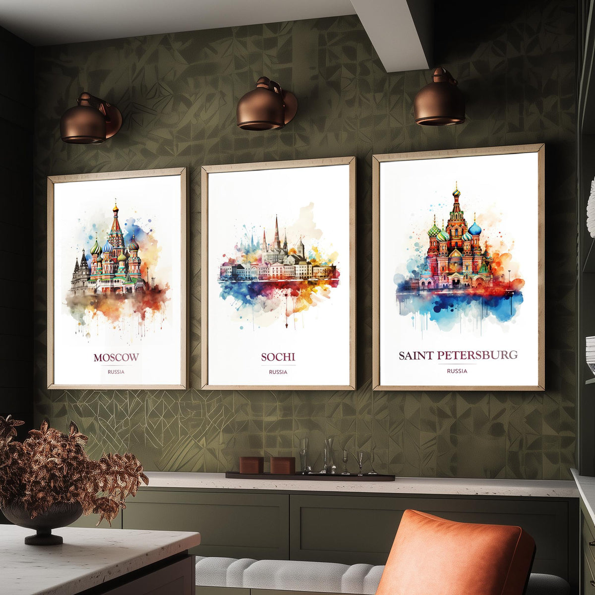 Russia Watercolour Travel Posters Set of Three Art Prints - Moscow, Sochi, Saint Petersburg - Splash Painting Poster