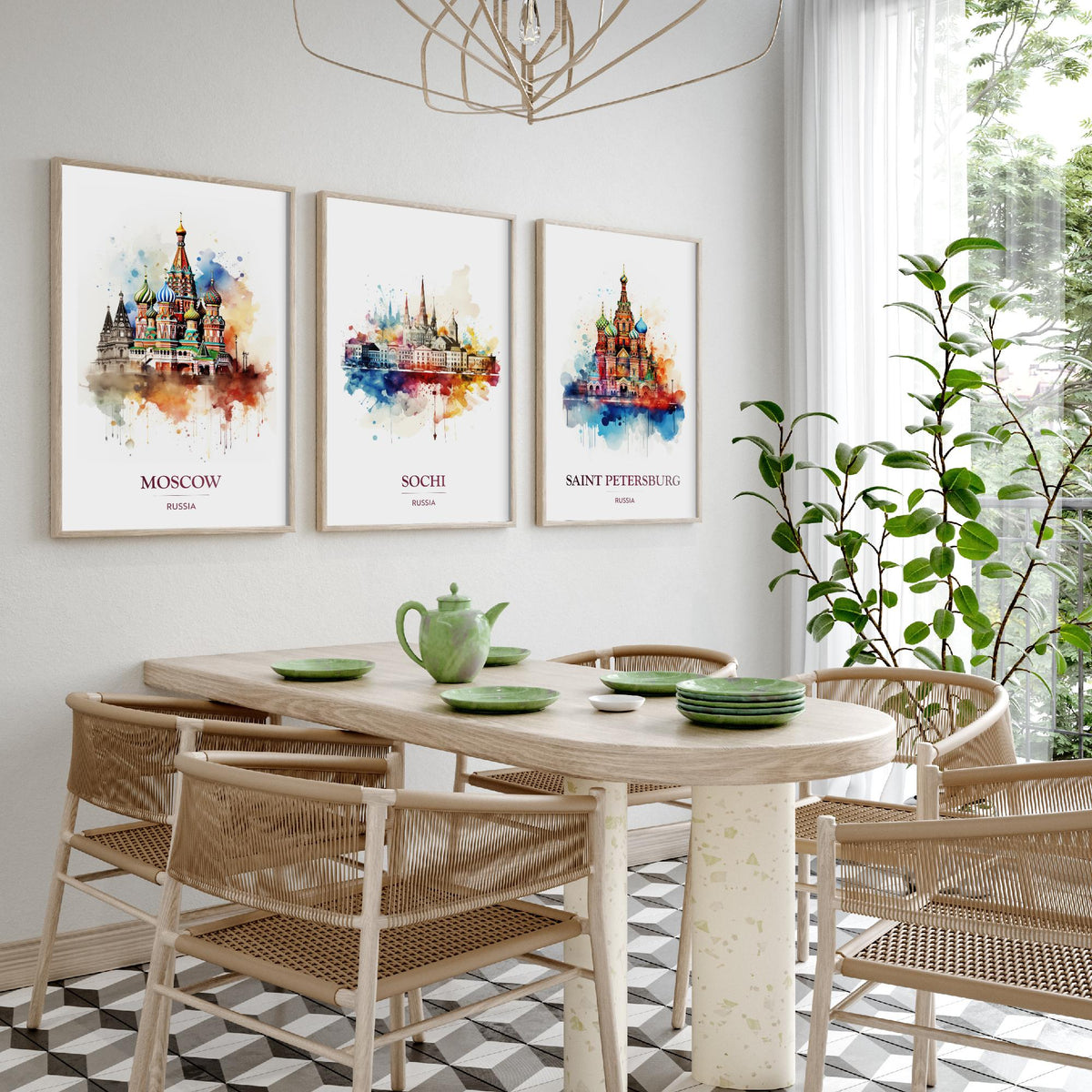 Russia Watercolour Travel Posters Set of Three Art Prints - Moscow, Sochi, Saint Petersburg - Splash Painting Poster