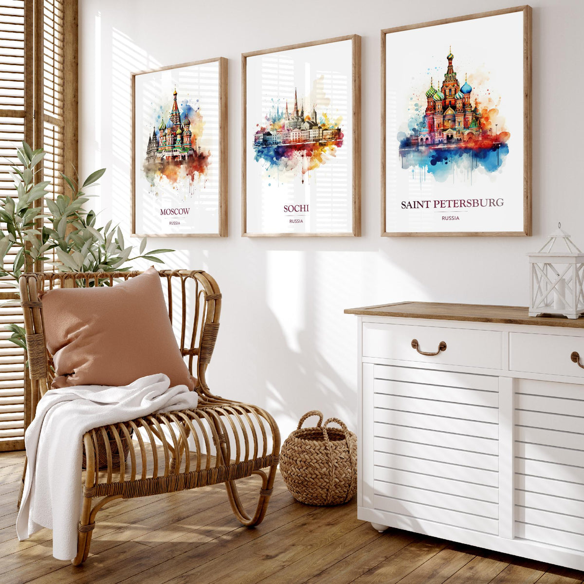 Russia Watercolour Travel Posters Set of Three Art Prints - Moscow, Sochi, Saint Petersburg - Splash Painting Poster