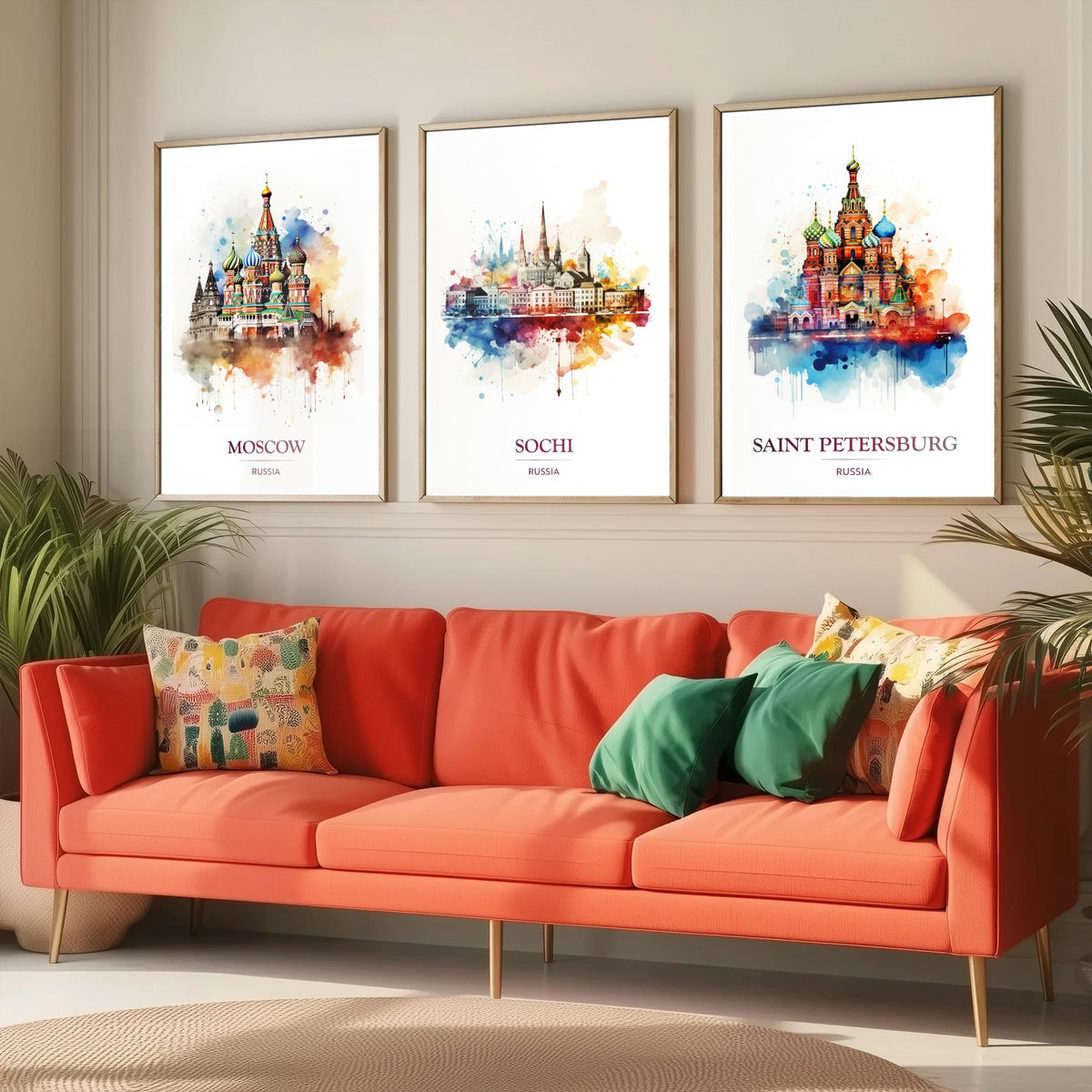 Russia Watercolour Travel Posters Set of Three Art Prints - Moscow, Sochi, Saint Petersburg - Splash Painting Poster