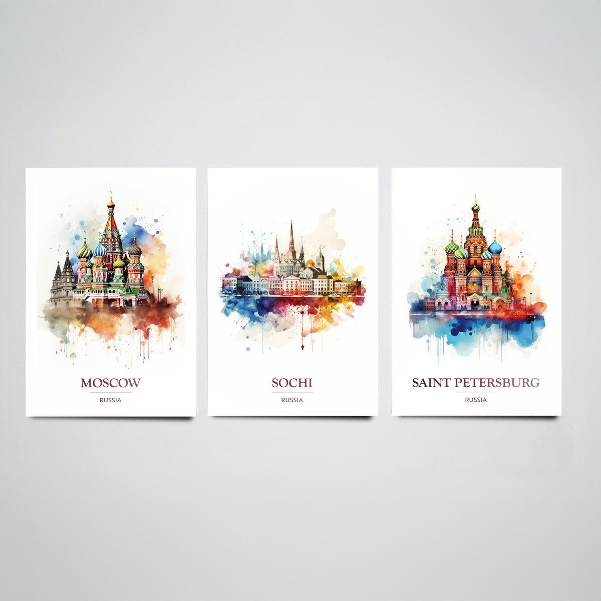Russia Watercolour Travel Posters Set of Three Art Prints - Moscow, Sochi, Saint Petersburg - Splash Painting Poster