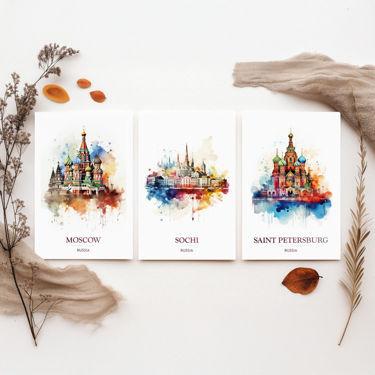 Russia Watercolour Travel Posters Set of Three Art Prints - Moscow, Sochi, Saint Petersburg - Splash Painting Poster
