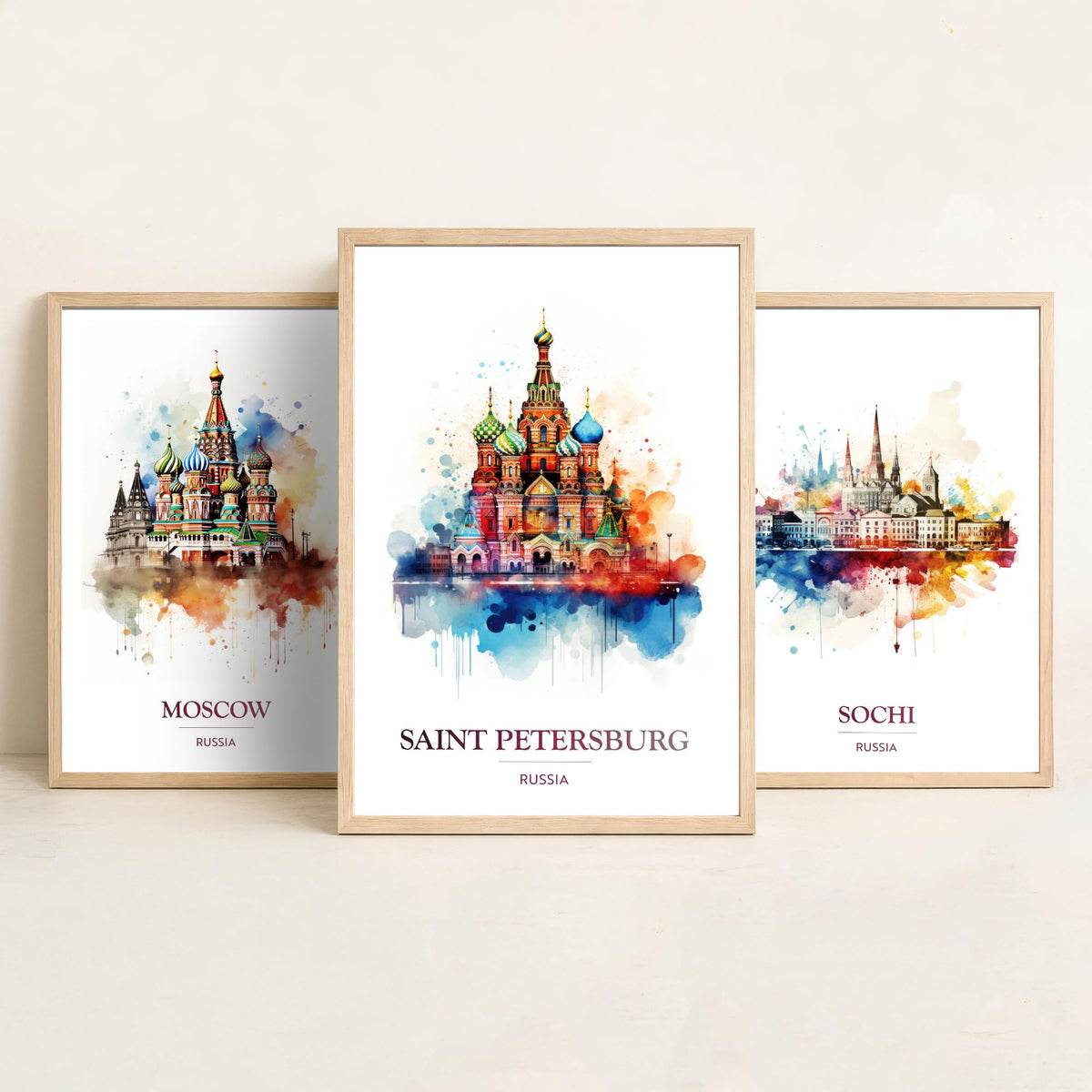 Russia Watercolour Travel Posters Set of Three Art Prints - Moscow, Sochi, Saint Petersburg - Splash Painting Poster