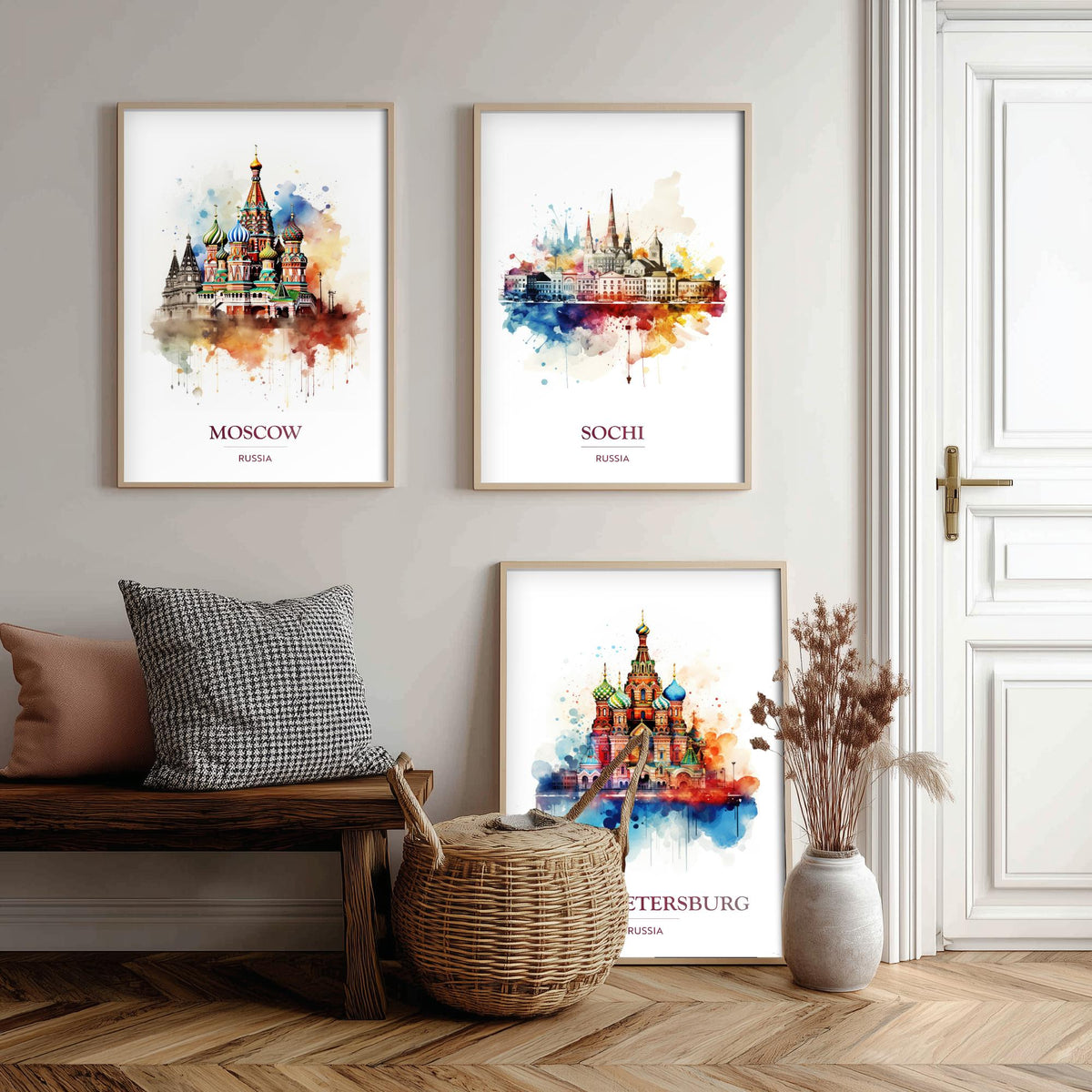 Russia Watercolour Travel Posters Set of Three Art Prints - Moscow, Sochi, Saint Petersburg - Splash Painting Poster