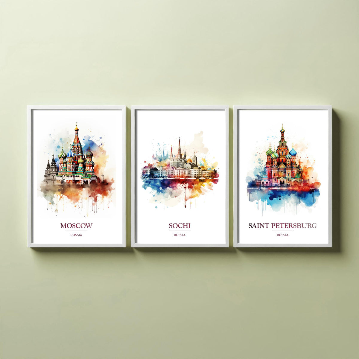 Russia Watercolour Travel Posters Set of Three Art Prints - Moscow, Sochi, Saint Petersburg - Splash Painting Poster
