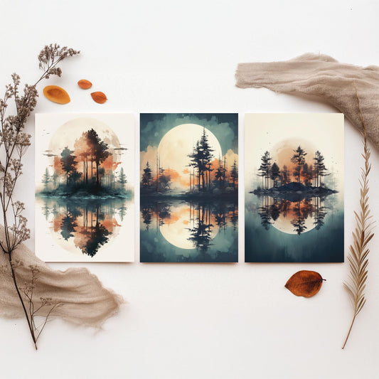 Rust Moon over Water Set of Three Art Prints - Pine Islands and Reflections - Soft Watercolour Style Poster V1