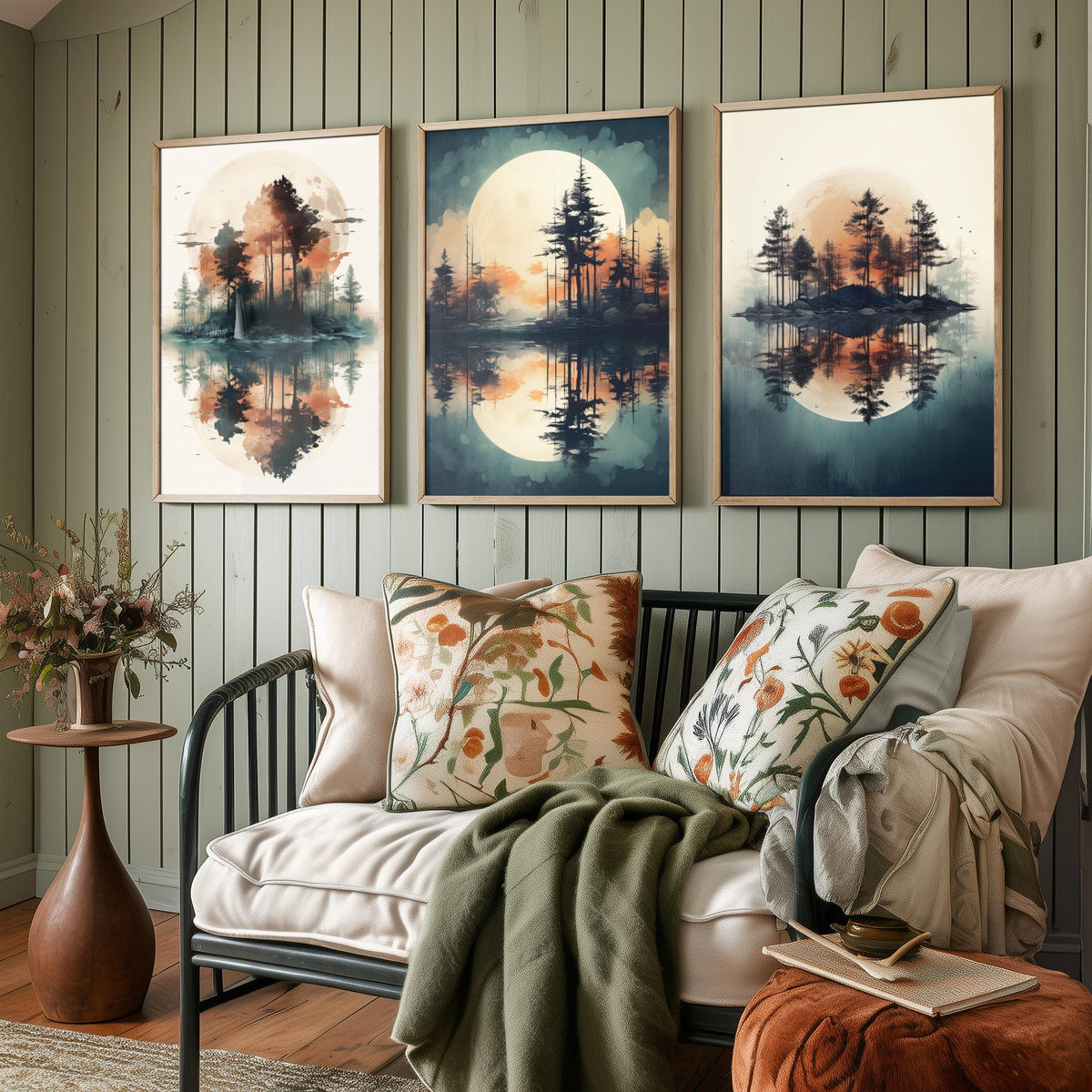 Rust Moon over Water Set of Three Art Prints - Pine Islands and Reflections - Soft Watercolour Style Poster V1