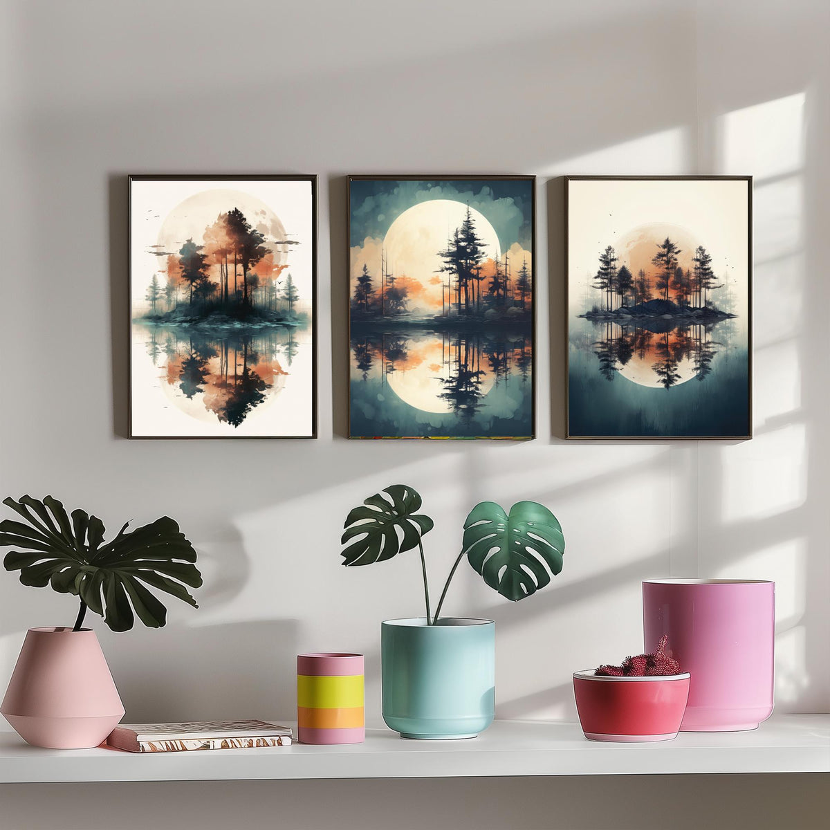 Rust Moon over Water Set of Three Art Prints - Pine Islands and Reflections - Soft Watercolour Style Poster V1