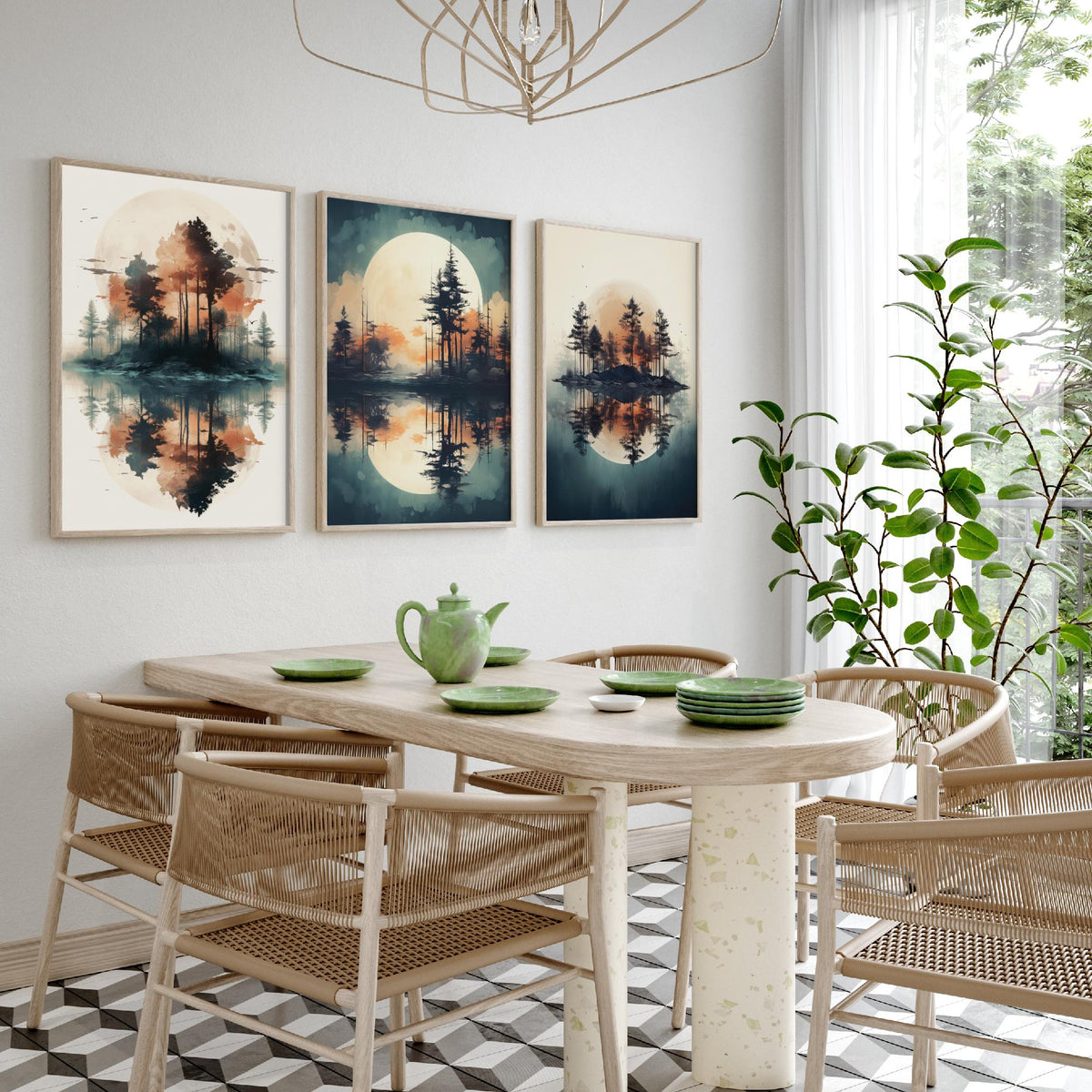 Rust Moon over Water Set of Three Art Prints - Pine Islands and Reflections - Soft Watercolour Style Poster V1