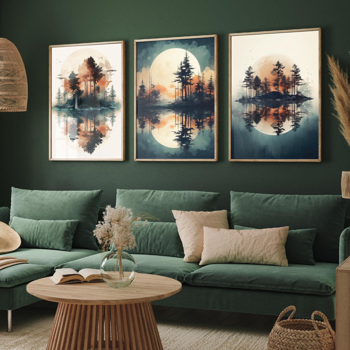 Rust Moon over Water Set of Three Art Prints - Pine Islands and Reflections - Soft Watercolour Style Poster V1