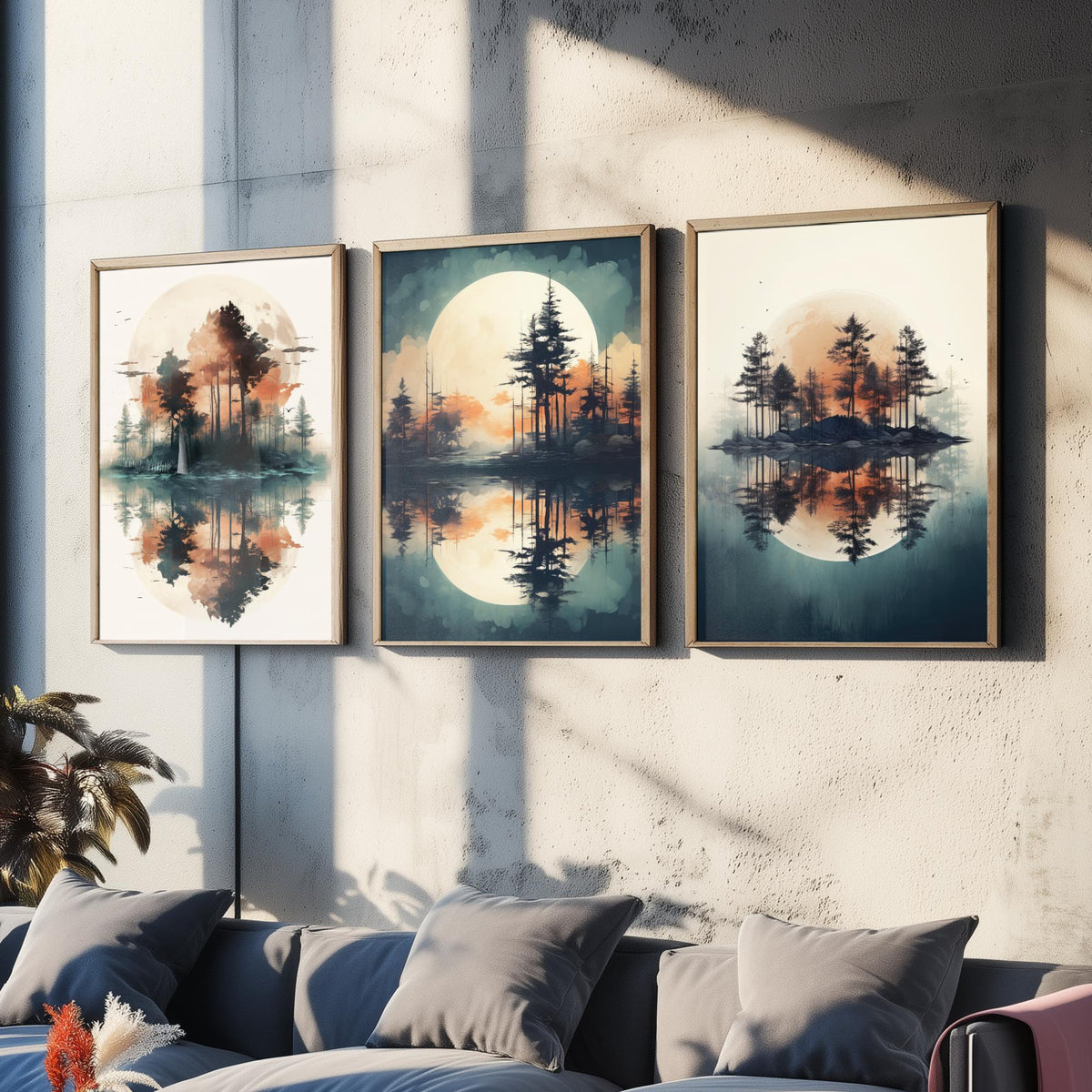Rust Moon over Water Set of Three Art Prints - Pine Islands and Reflections - Soft Watercolour Style Poster V1