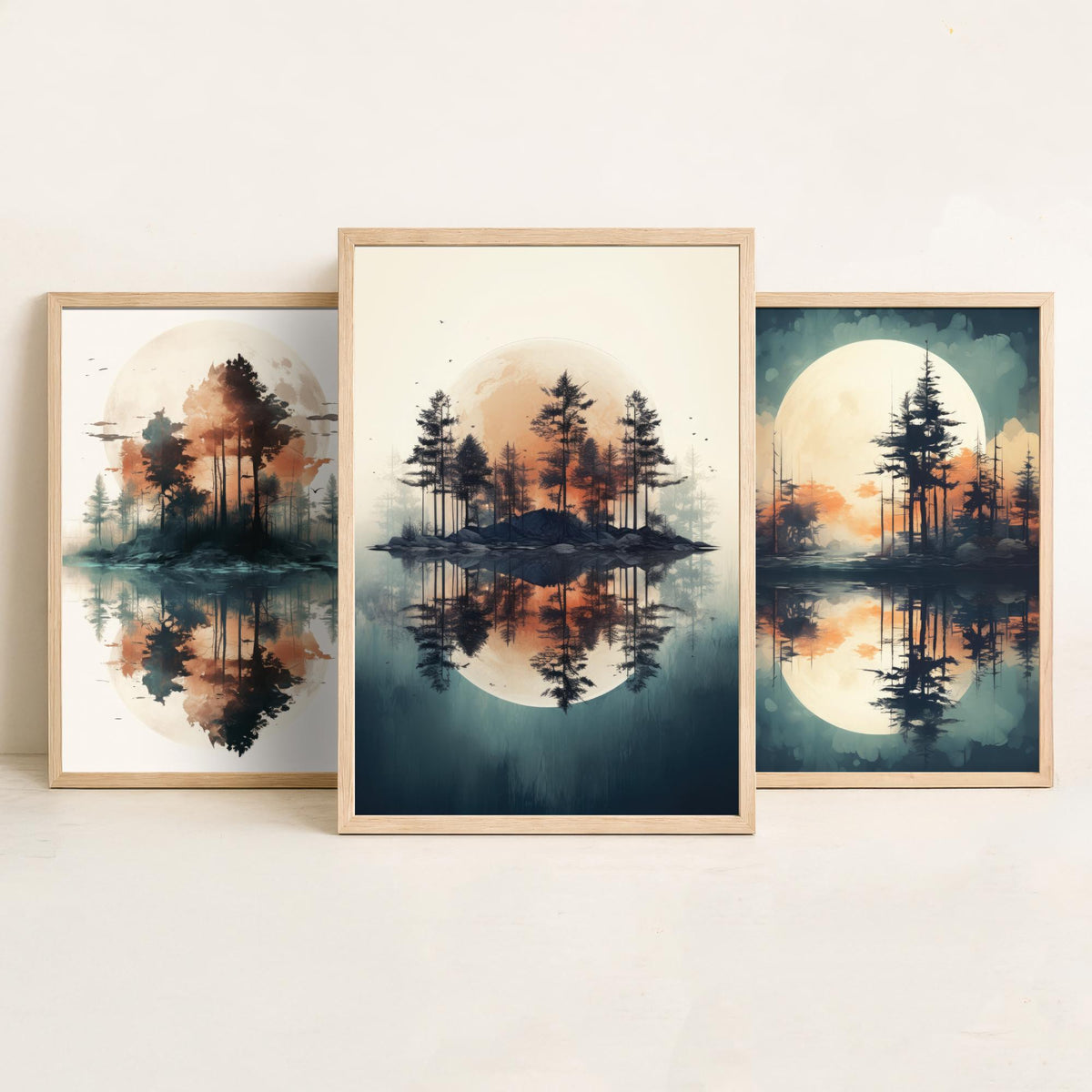 Rust Moon over Water Set of Three Art Prints - Pine Islands and Reflections - Soft Watercolour Style Poster V1