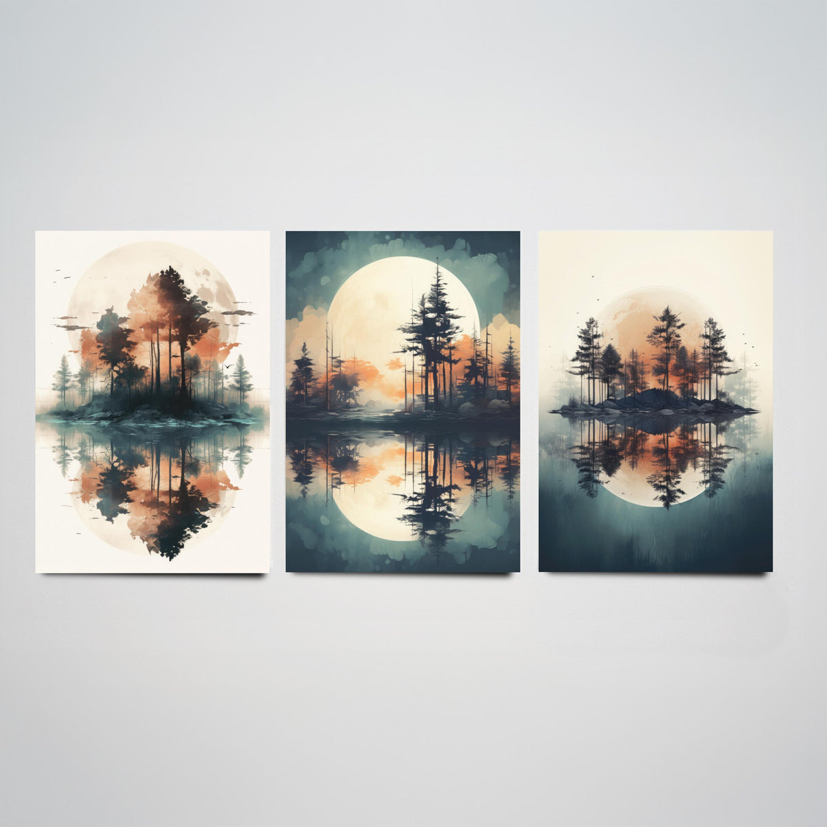 Rust Moon over Water Set of Three Art Prints - Pine Islands and Reflections - Soft Watercolour Style Poster V1