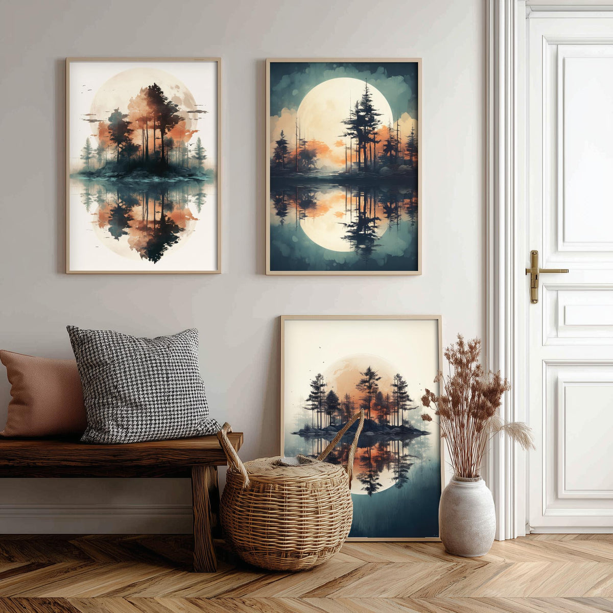 Rust Moon over Water Set of Three Art Prints - Pine Islands and Reflections - Soft Watercolour Style Poster V1