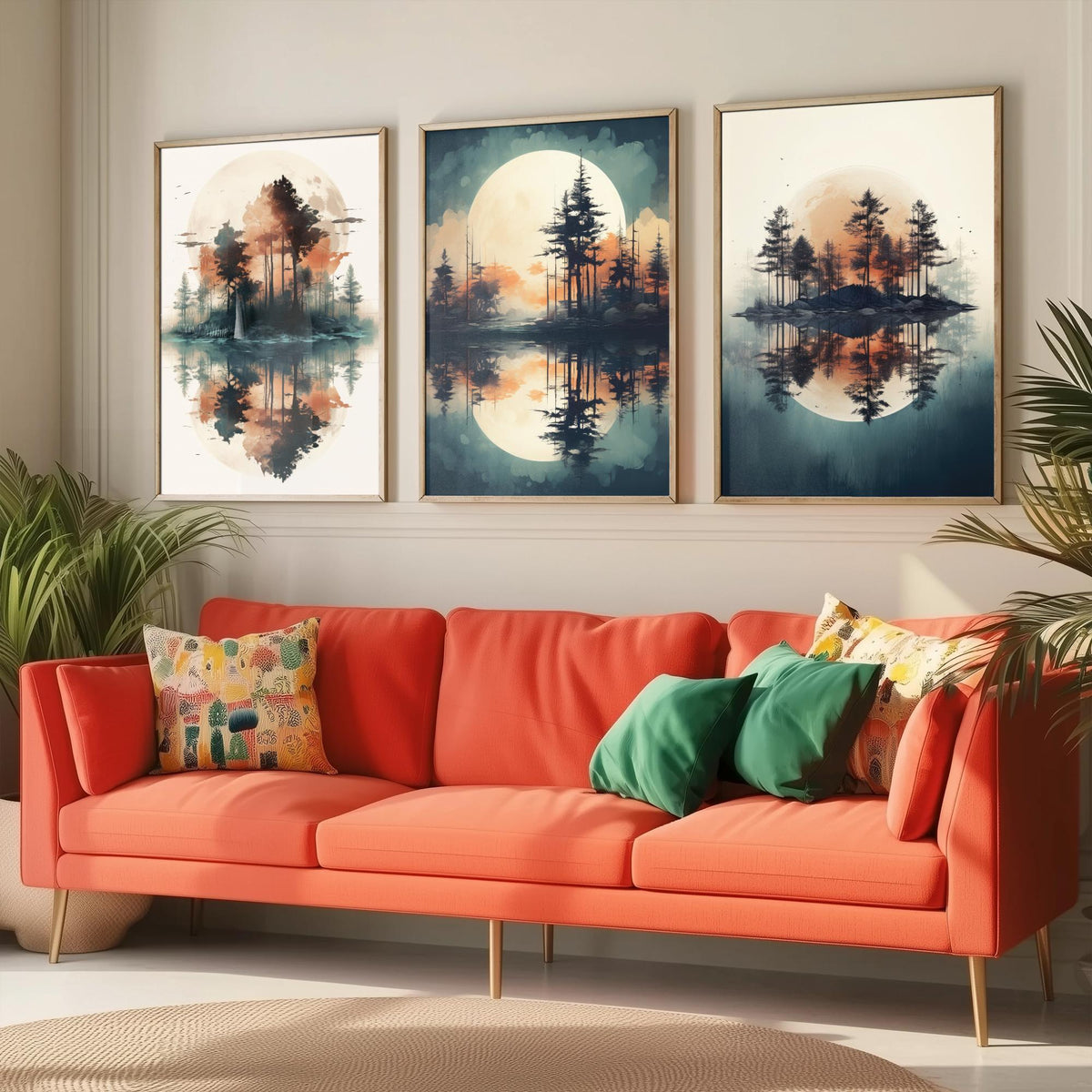 Rust Moon over Water Set of Three Art Prints - Pine Islands and Reflections - Soft Watercolour Style Poster V1