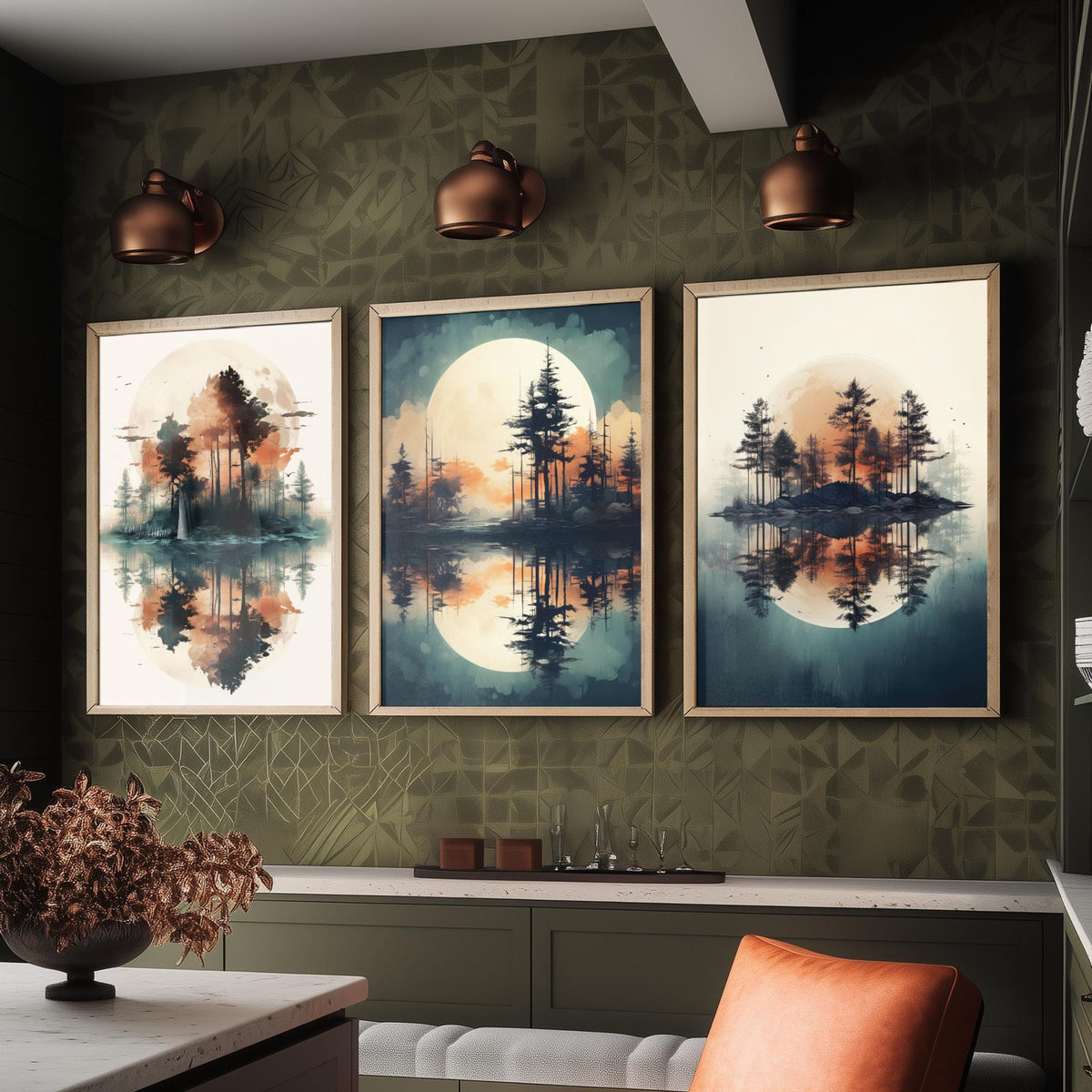 Rust Moon over Water Set of Three Art Prints - Pine Islands and Reflections - Soft Watercolour Style Poster V1