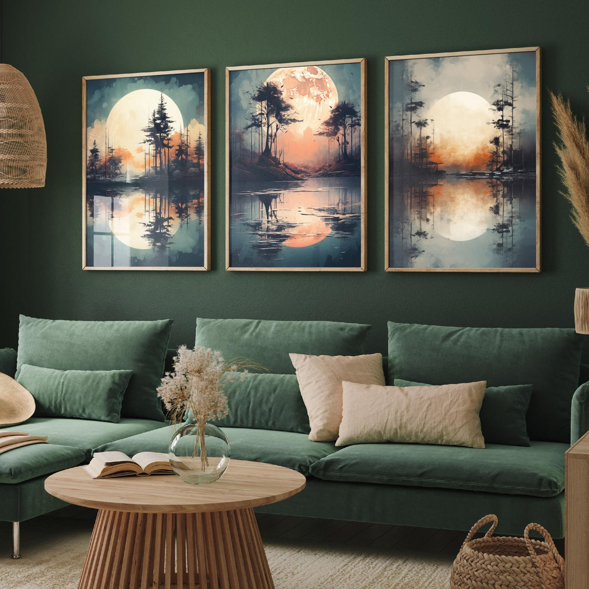 Rust Moon over Water Set of Three Art Prints - Glowing Moons, Pines and Lakes - Soft Watercolour Style Poster V2