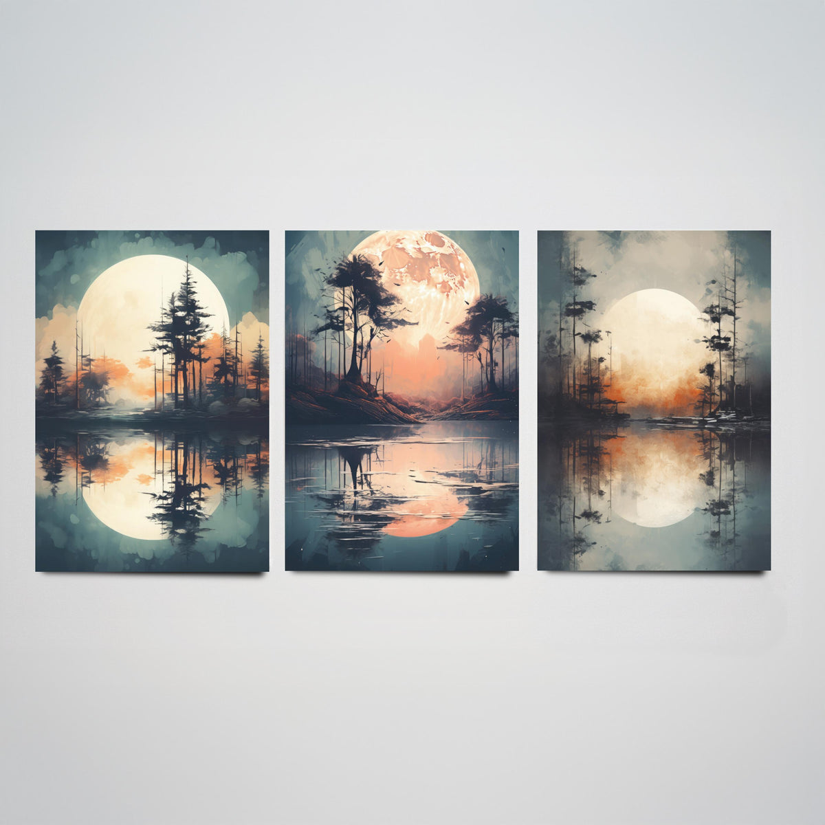 Rust Moon over Water Set of Three Art Prints - Glowing Moons, Pines and Lakes - Soft Watercolour Style Poster V2