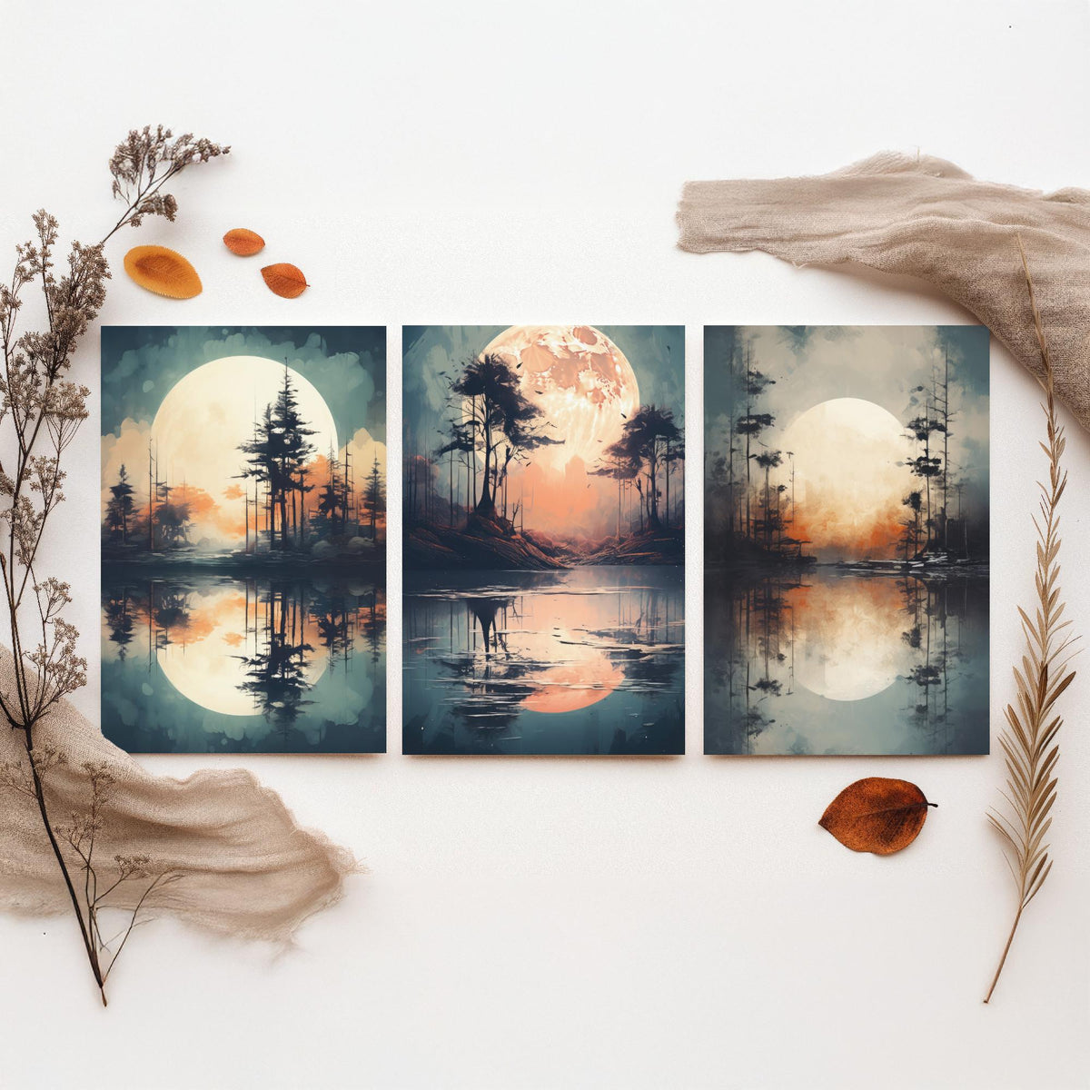 Rust Moon over Water Set of Three Art Prints - Glowing Moons, Pines and Lakes - Soft Watercolour Style Poster V2