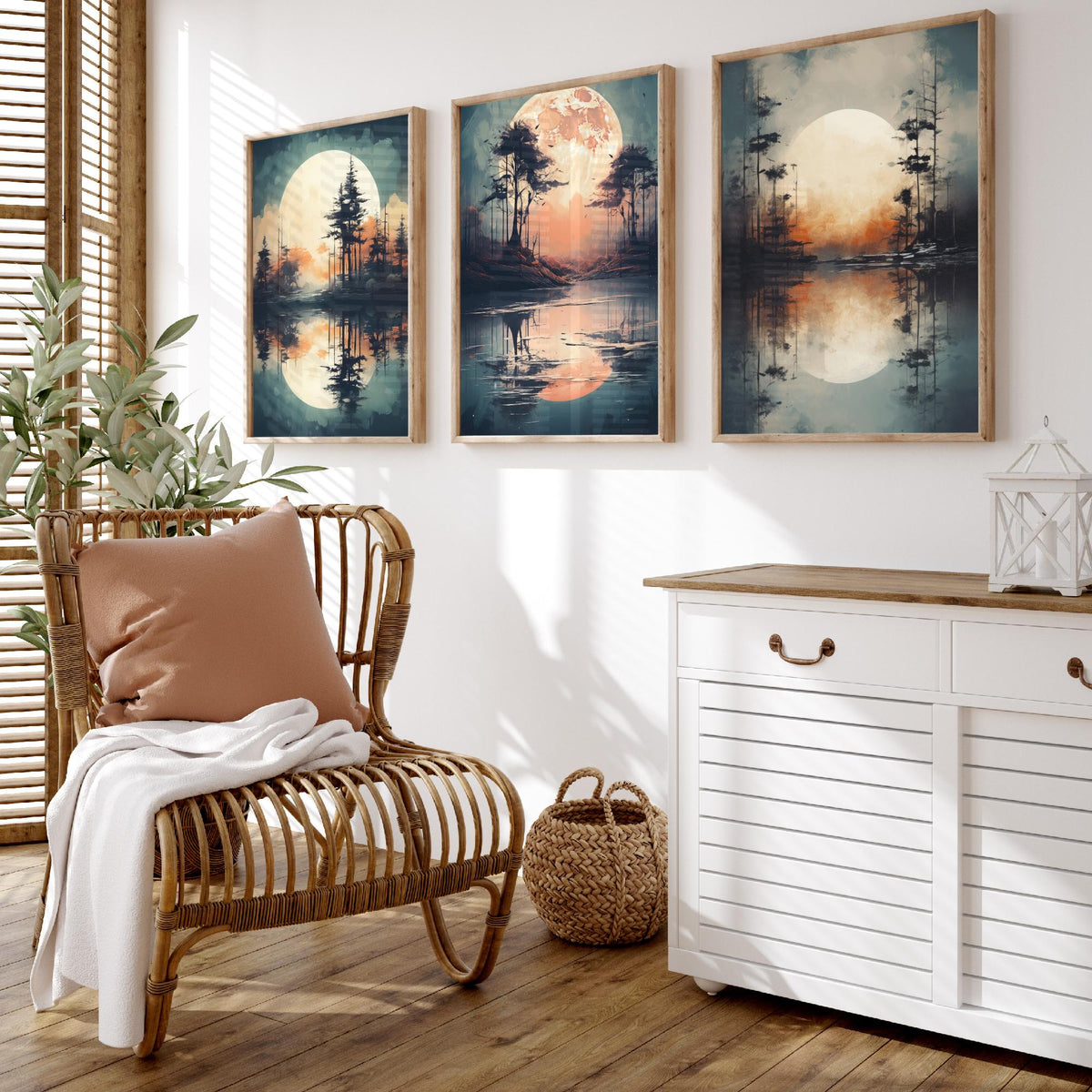Rust Moon over Water Set of Three Art Prints - Glowing Moons, Pines and Lakes - Soft Watercolour Style Poster V2