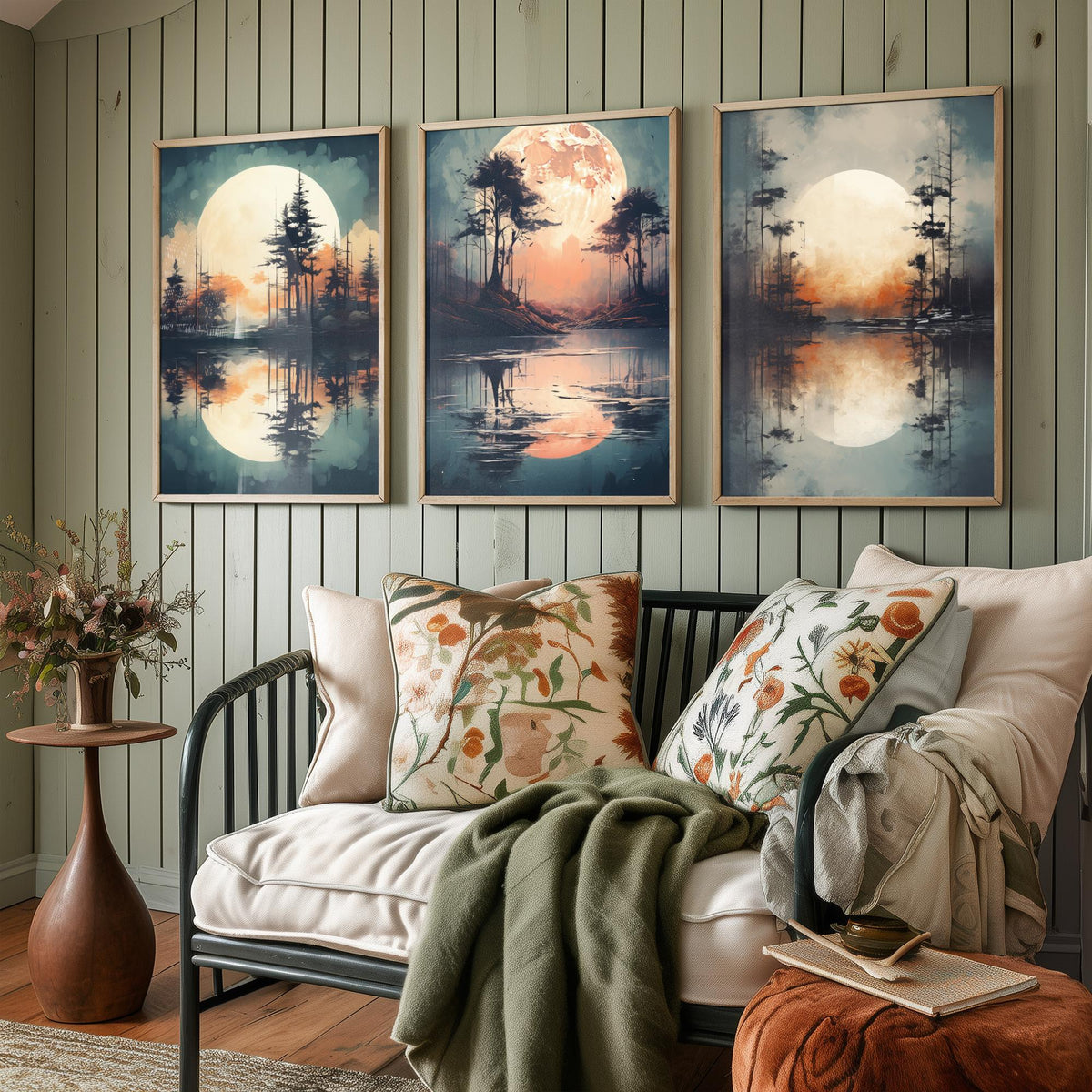 Rust Moon over Water Set of Three Art Prints - Glowing Moons, Pines and Lakes - Soft Watercolour Style Poster V2