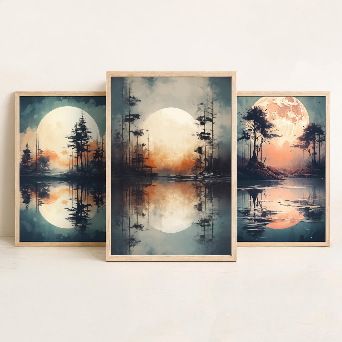 Rust Moon over Water Set of Three Art Prints - Glowing Moons, Pines and Lakes - Soft Watercolour Style Poster V2