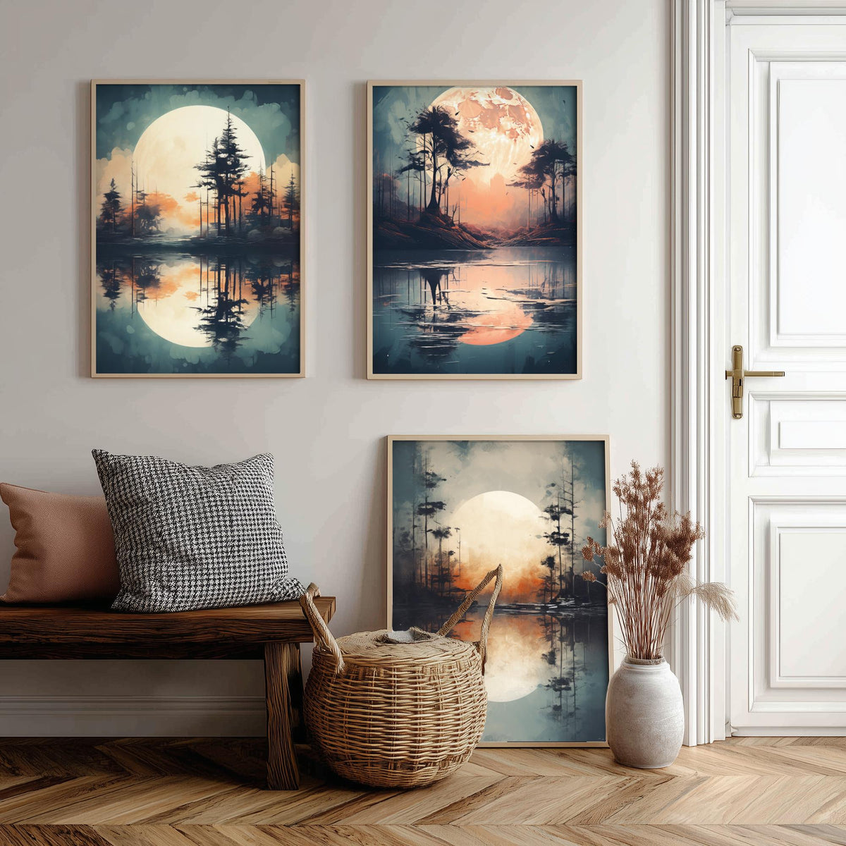 Rust Moon over Water Set of Three Art Prints - Glowing Moons, Pines and Lakes - Soft Watercolour Style Poster V2