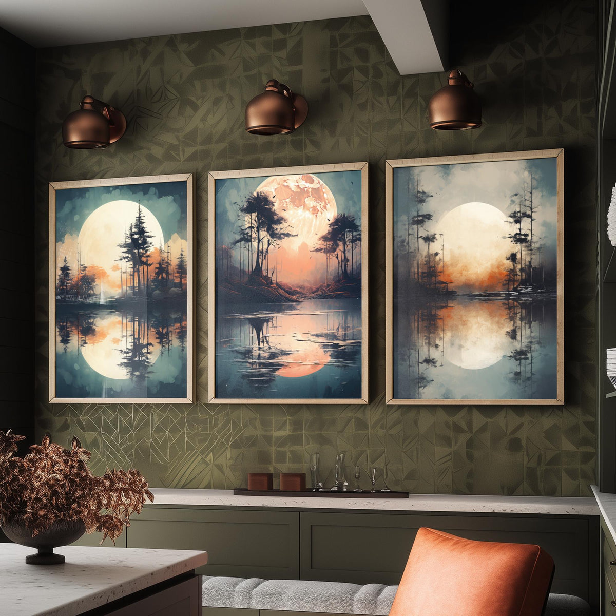 Rust Moon over Water Set of Three Art Prints - Glowing Moons, Pines and Lakes - Soft Watercolour Style Poster V2