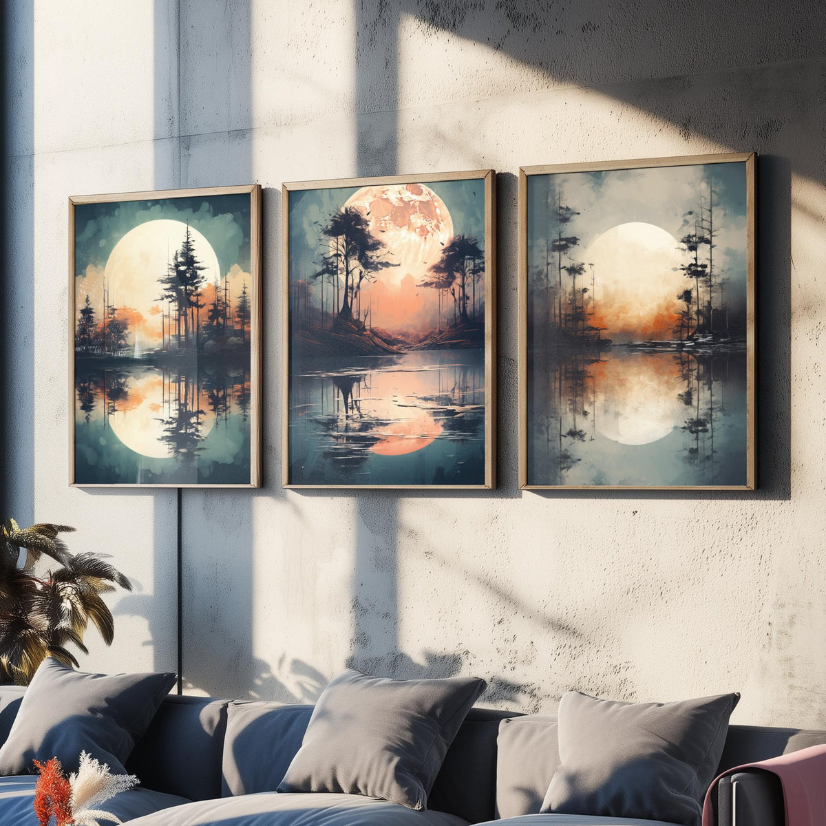 Rust Moon over Water Set of Three Art Prints - Glowing Moons, Pines and Lakes - Soft Watercolour Style Poster V2