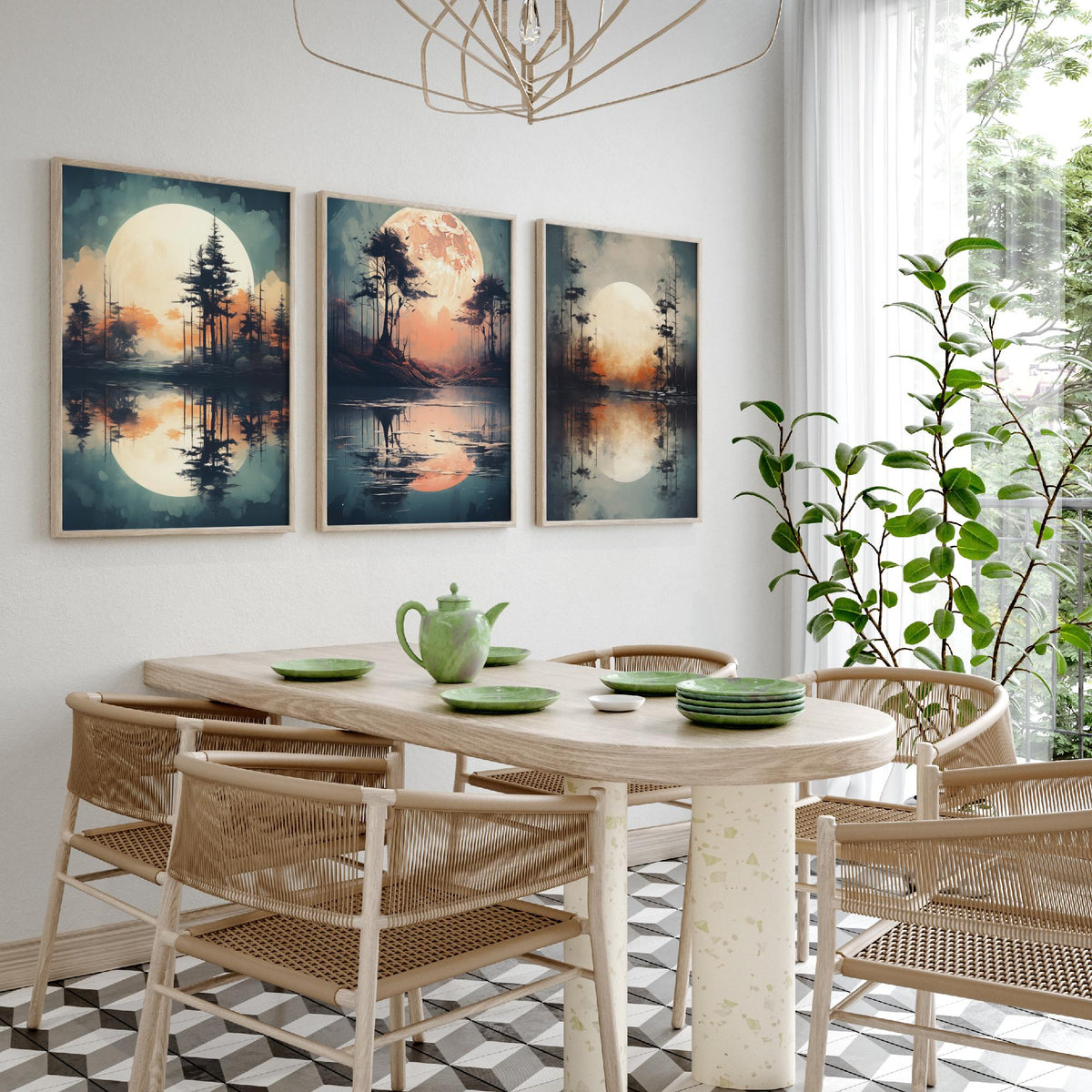 Rust Moon over Water Set of Three Art Prints - Glowing Moons, Pines and Lakes - Soft Watercolour Style Poster V2