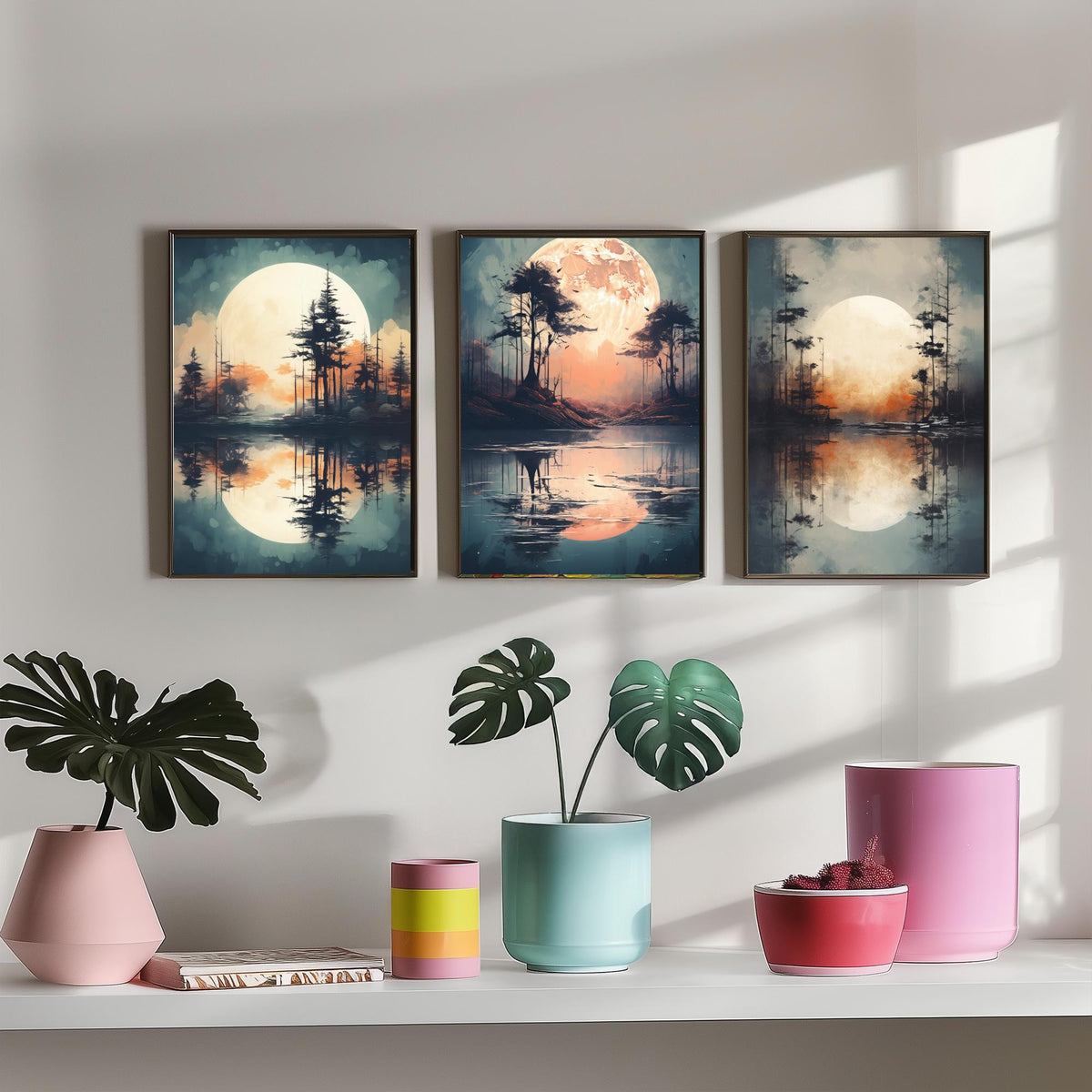 Rust Moon over Water Set of Three Art Prints - Glowing Moons, Pines and Lakes - Soft Watercolour Style Poster V2