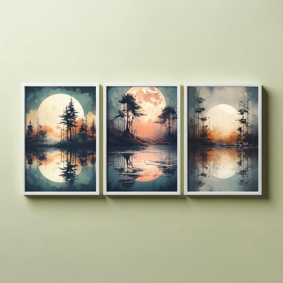 Rust Moon over Water Set of Three Art Prints - Glowing Moons, Pines and Lakes - Soft Watercolour Style Poster V2