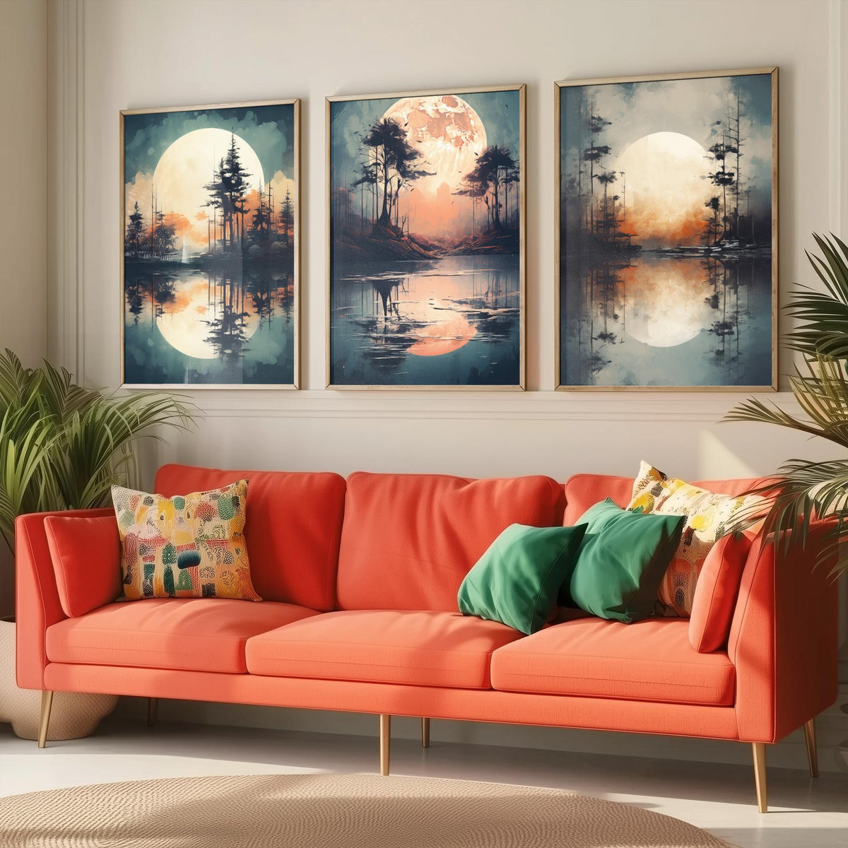 Rust Moon over Water Set of Three Art Prints - Glowing Moons, Pines and Lakes - Soft Watercolour Style Poster V2