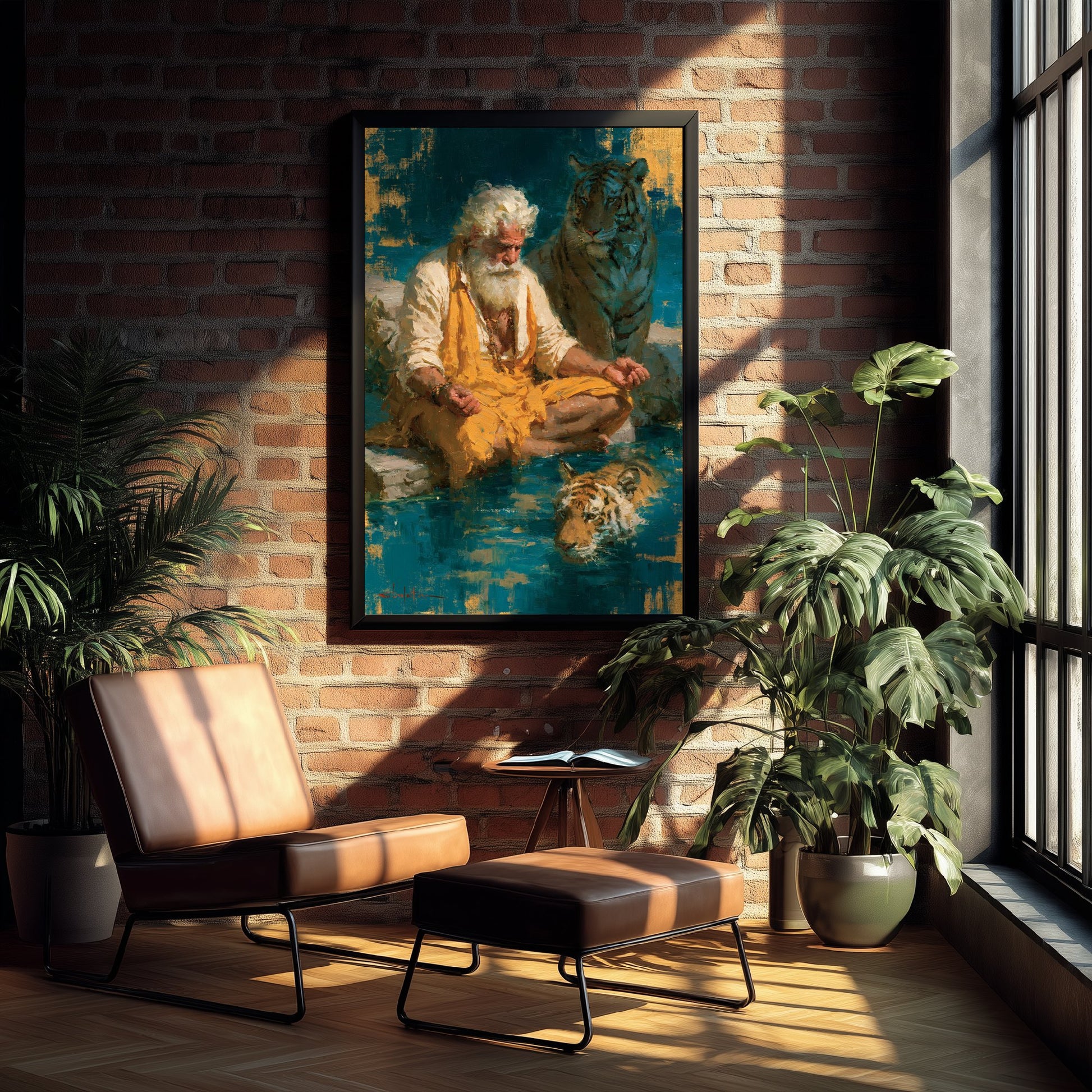 Sadhu Art Print - Meditating with Tiger Painting - Hindu Yogi Poster