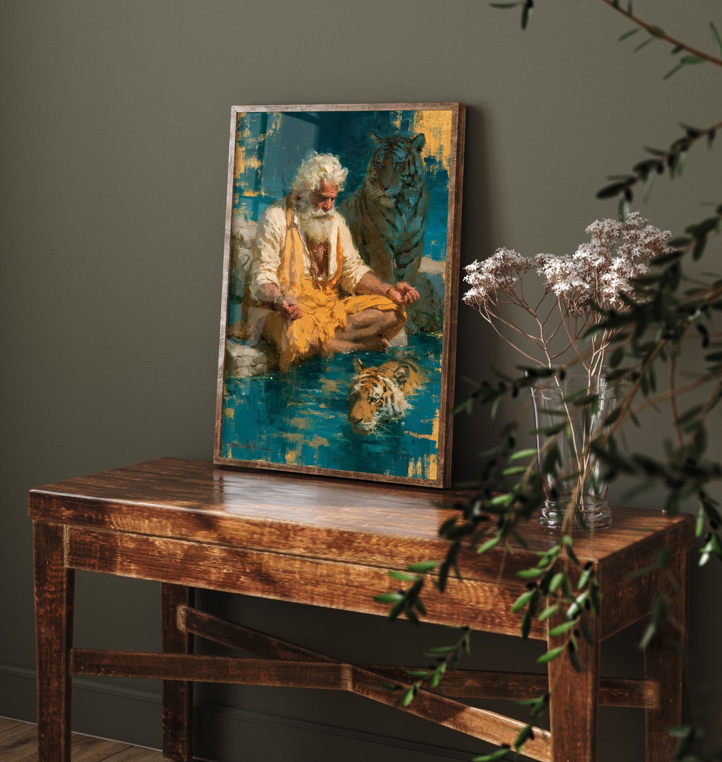 Sadhu Art Print - Meditating with Tiger Painting - Hindu Yogi Poster