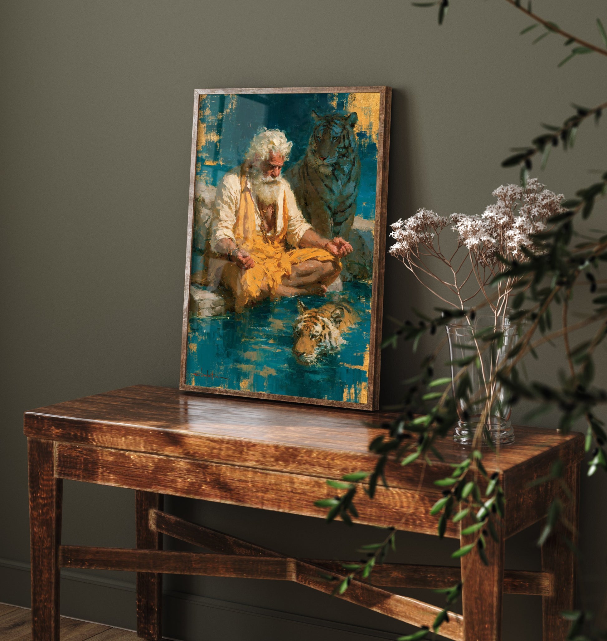Sadhu Art Print - Meditating with Tiger Painting - Hindu Yogi Poster