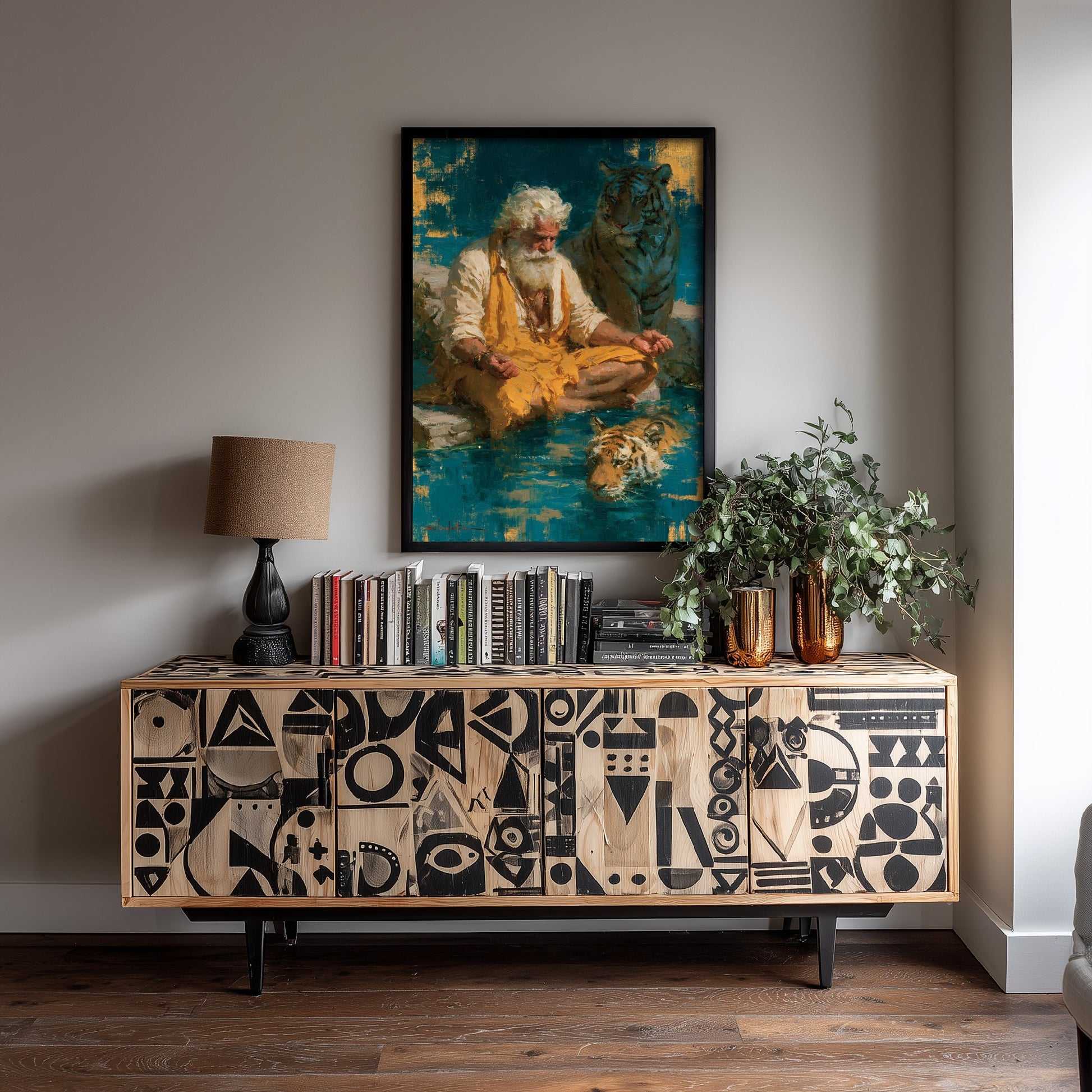 Sadhu Art Print - Meditating with Tiger Painting - Hindu Yogi Poster